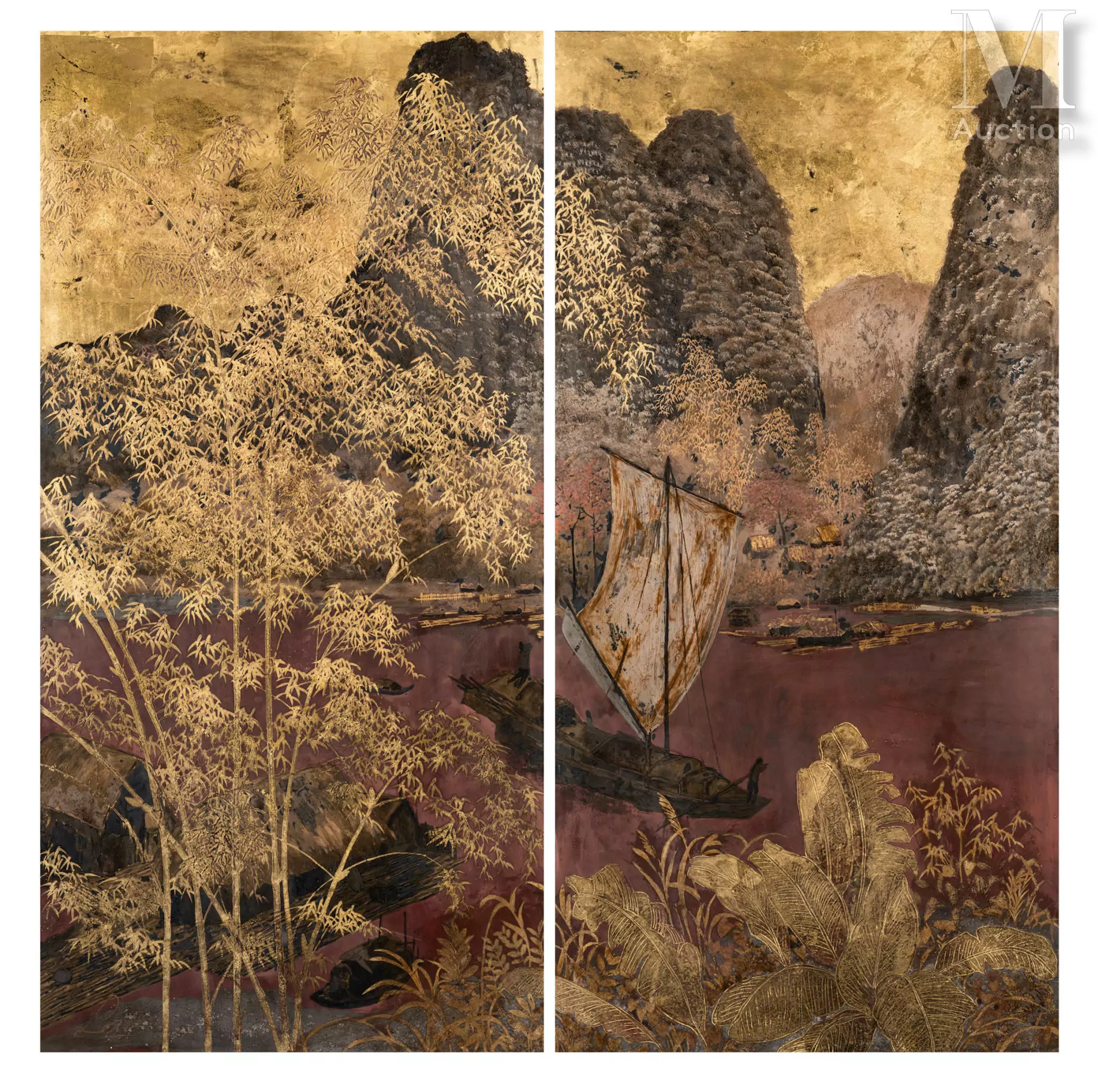 Ⓟ LE THY (1919-1961) "Sampans dans la baie"