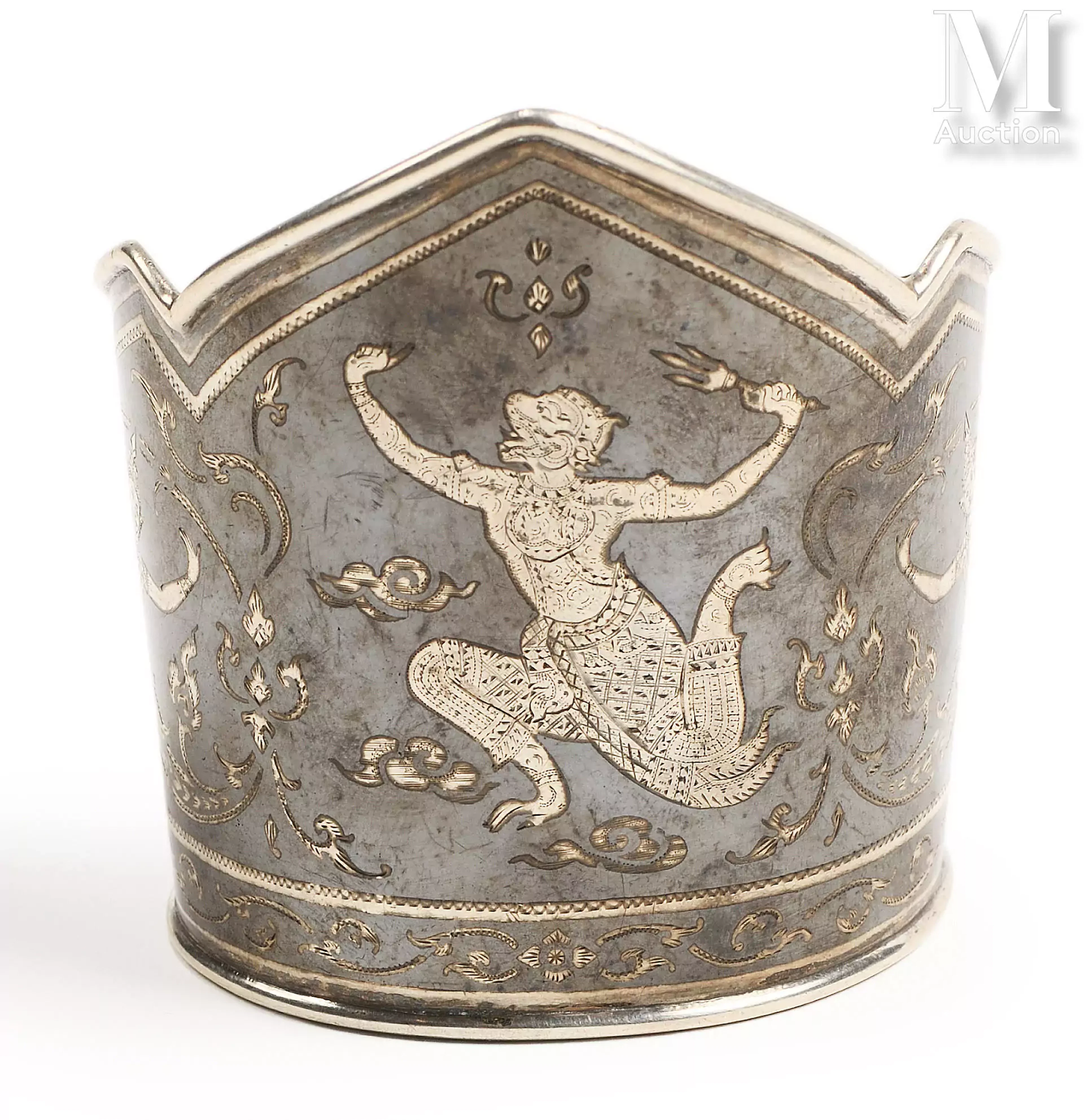 Bracelet manchette ouvert en argent niellé Royaume de Siam (Thaïlande)