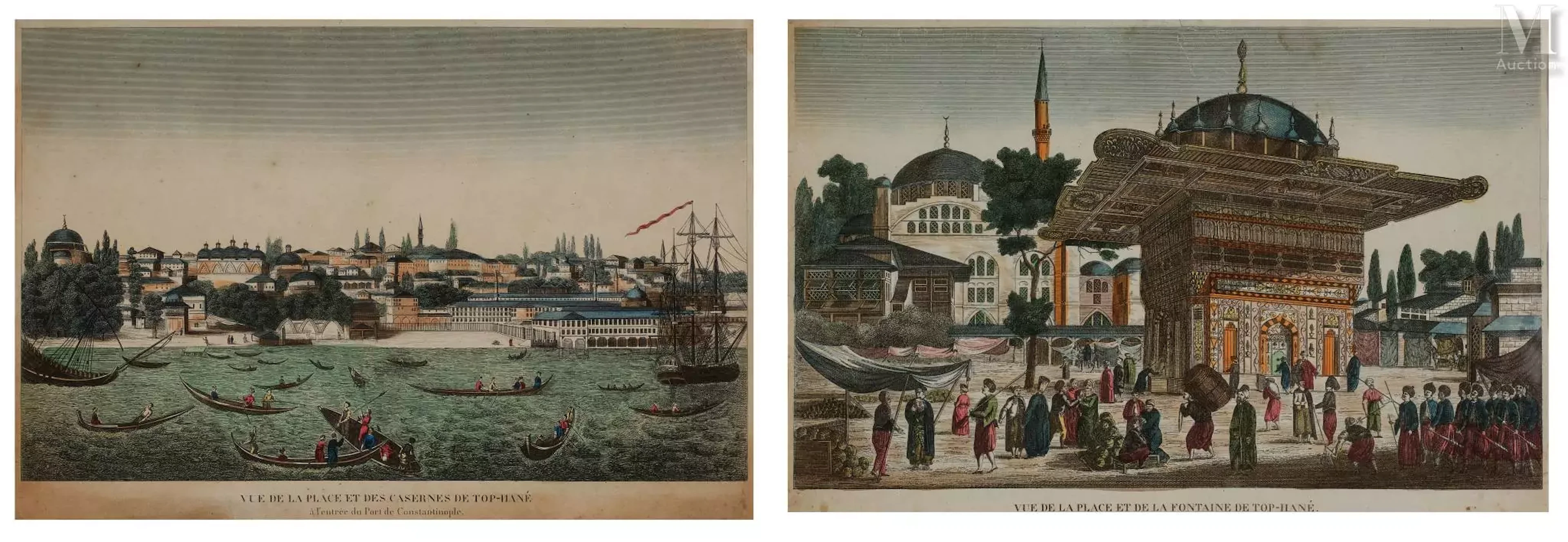 Paire de gravures rehaussées, vues de Top-Hané à Constantinople France