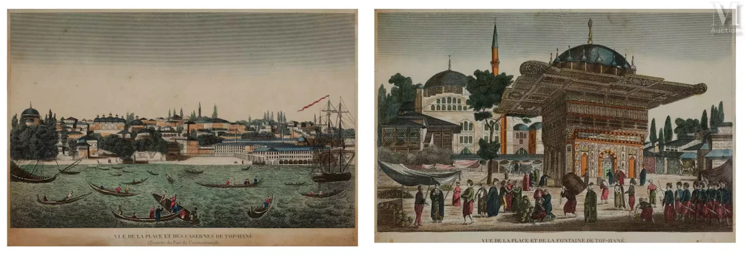 Paire de gravures rehaussées, vues de Top-Hané à Constantinople France