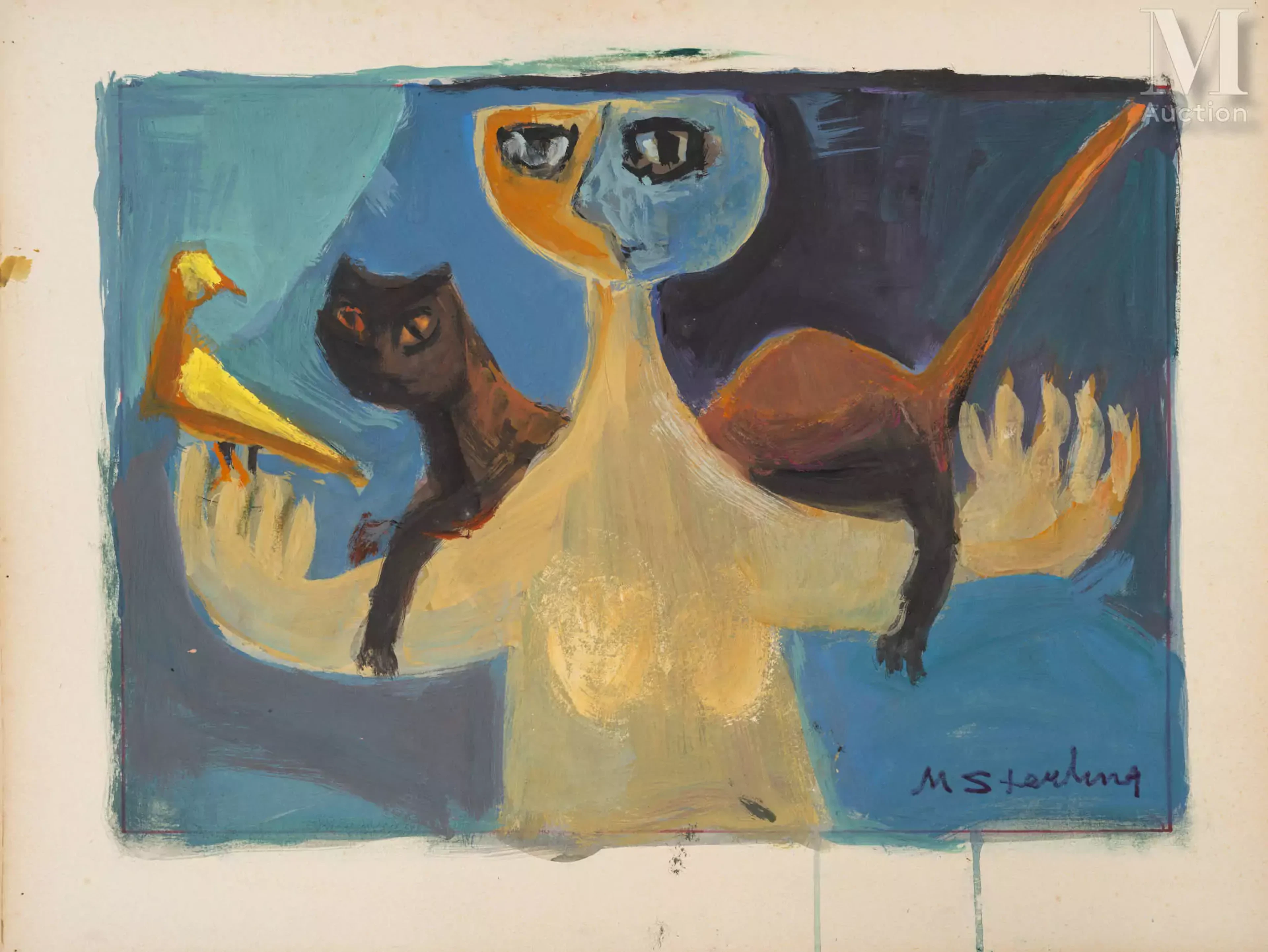Marc STERLING (Prylouky 1895 - Paris 1976) Personnage au chat et à l'oiseau