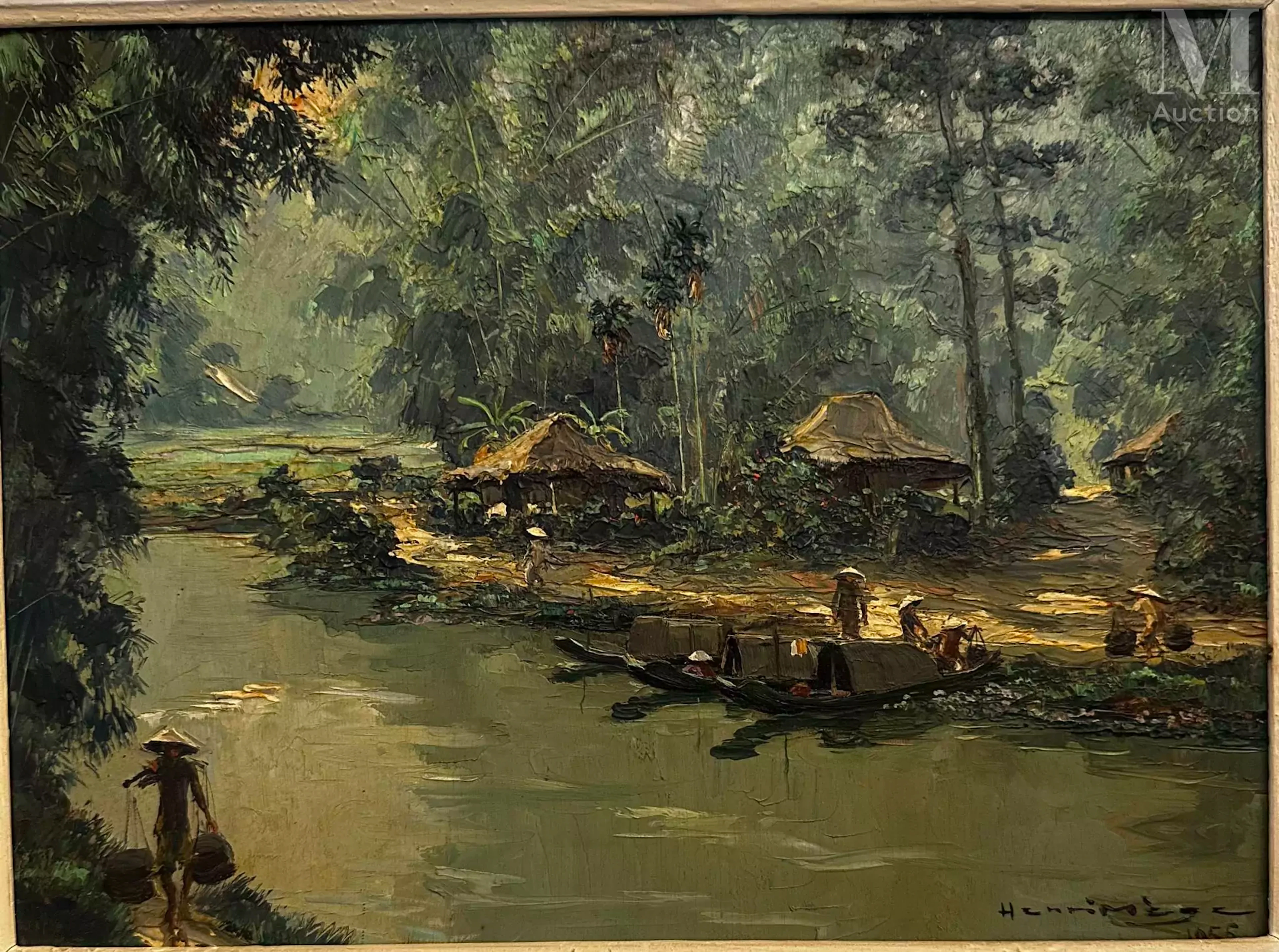 HENRI MEGE (1904-1984) Matin dans un village d'An Nam aux abords de
