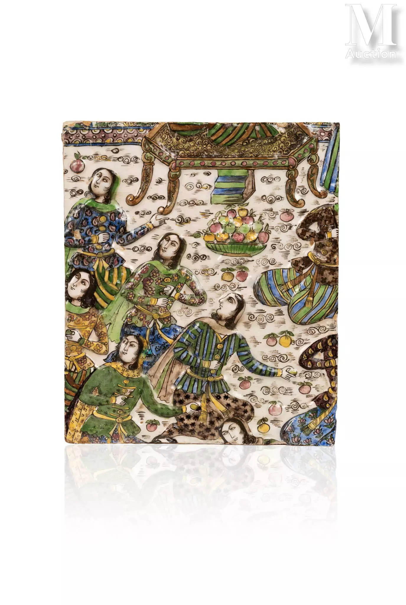 Carreau à scène de banquet Iran, époque qajar, fin du XIXe siècle