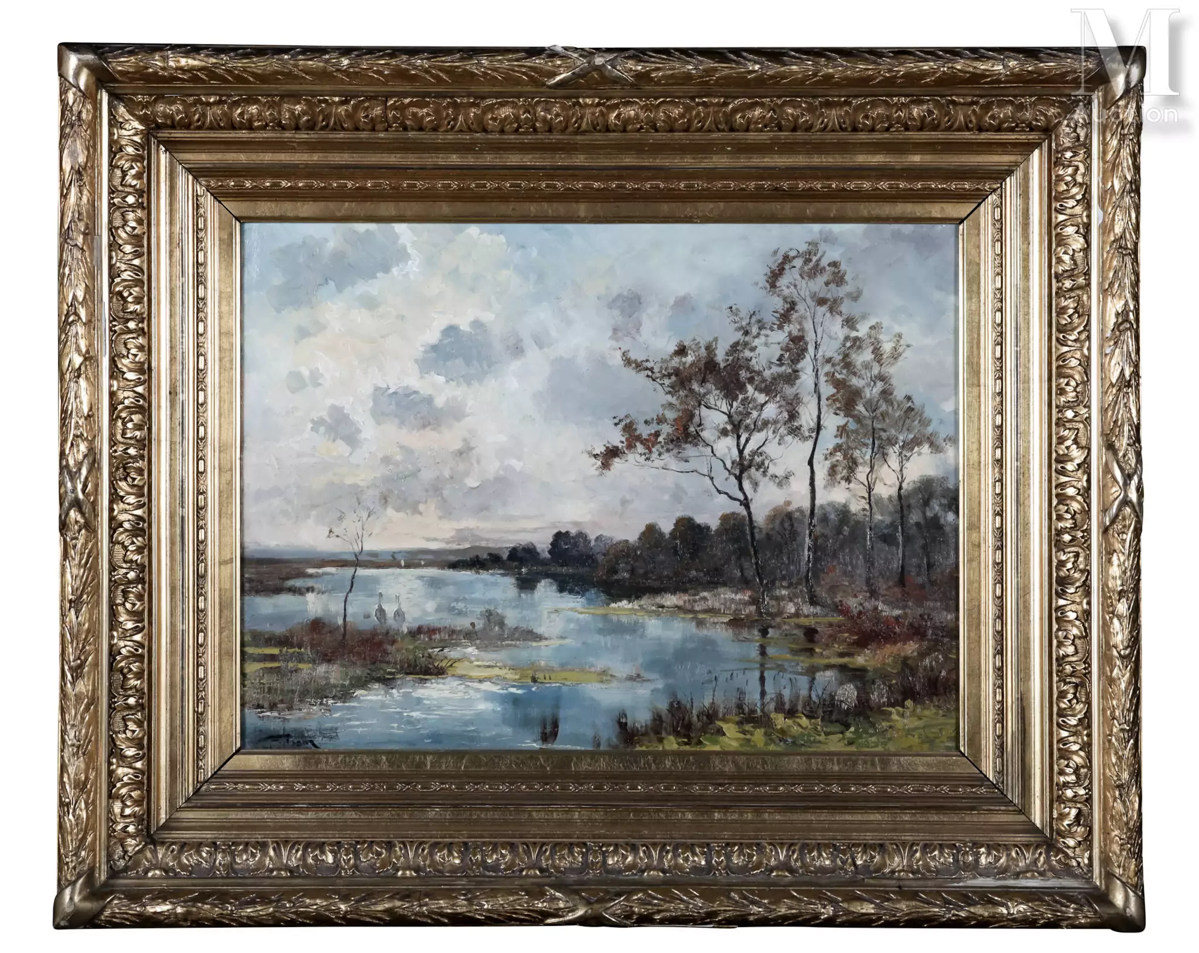 DELSAUX (XIX-XX ème), Paysage lacustre, huile sur toile signée. 38