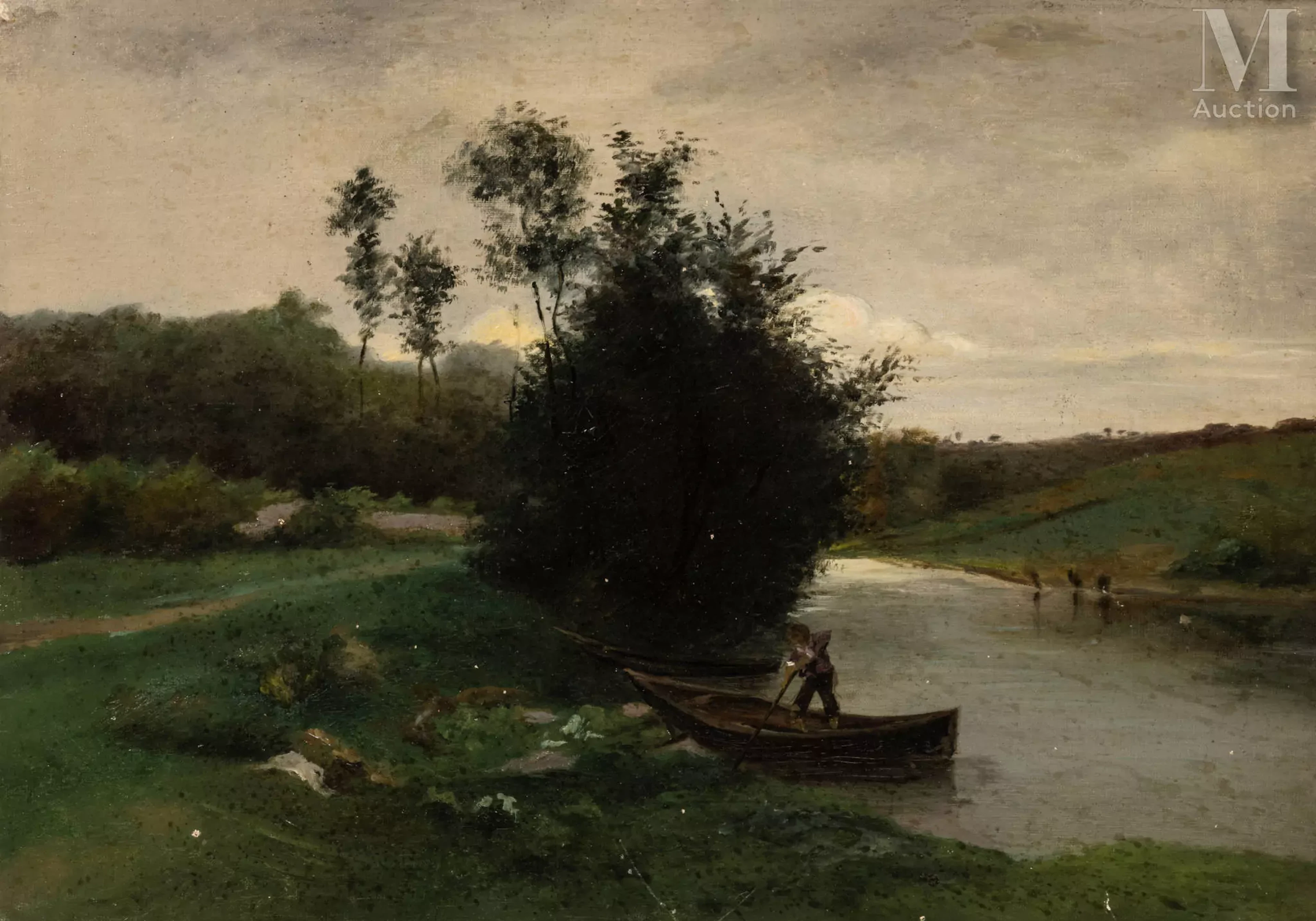 Ecole de BARBIZON du XX ème siècle Pêcheur en barque sur la rivière