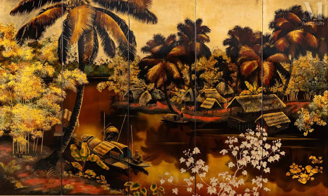 Ⓟ TRAN VAN HA (1911-1974) "Village lacustre"