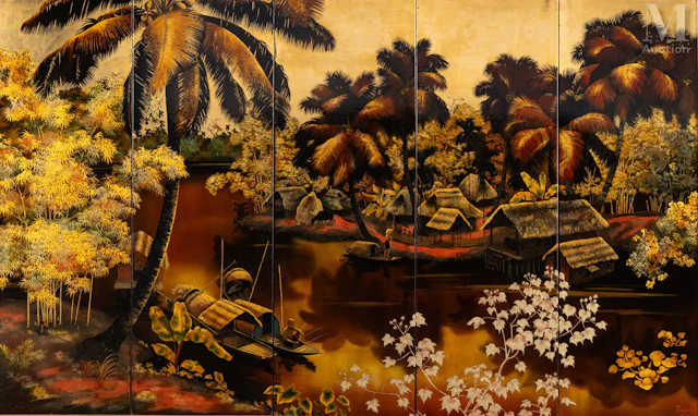 Ⓟ TRAN VAN HA (1911-1974) "Village lacustre"