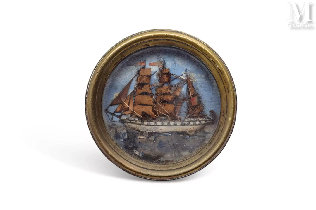 Petit diorama rond d’un trois mâts barque