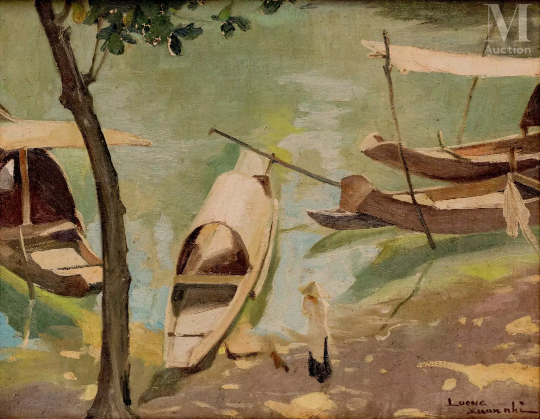 Ⓗ LUONG XUAN NHI (1914 - 2006) "Barques à quai"