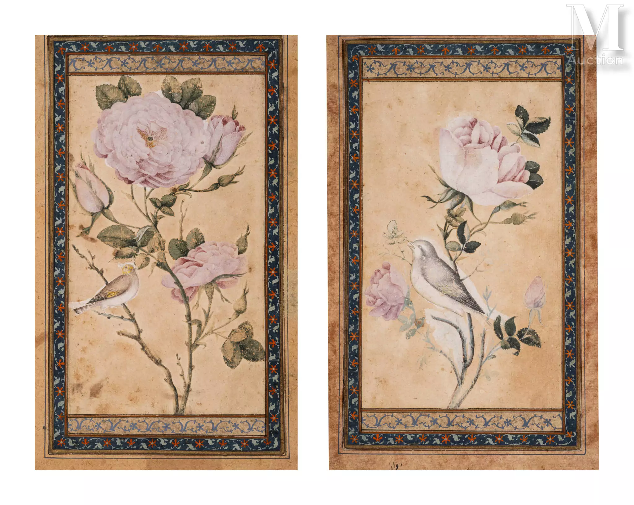 Double page d’album aux roses et rossignol Iran, XVIIIe – début XIXe siècle