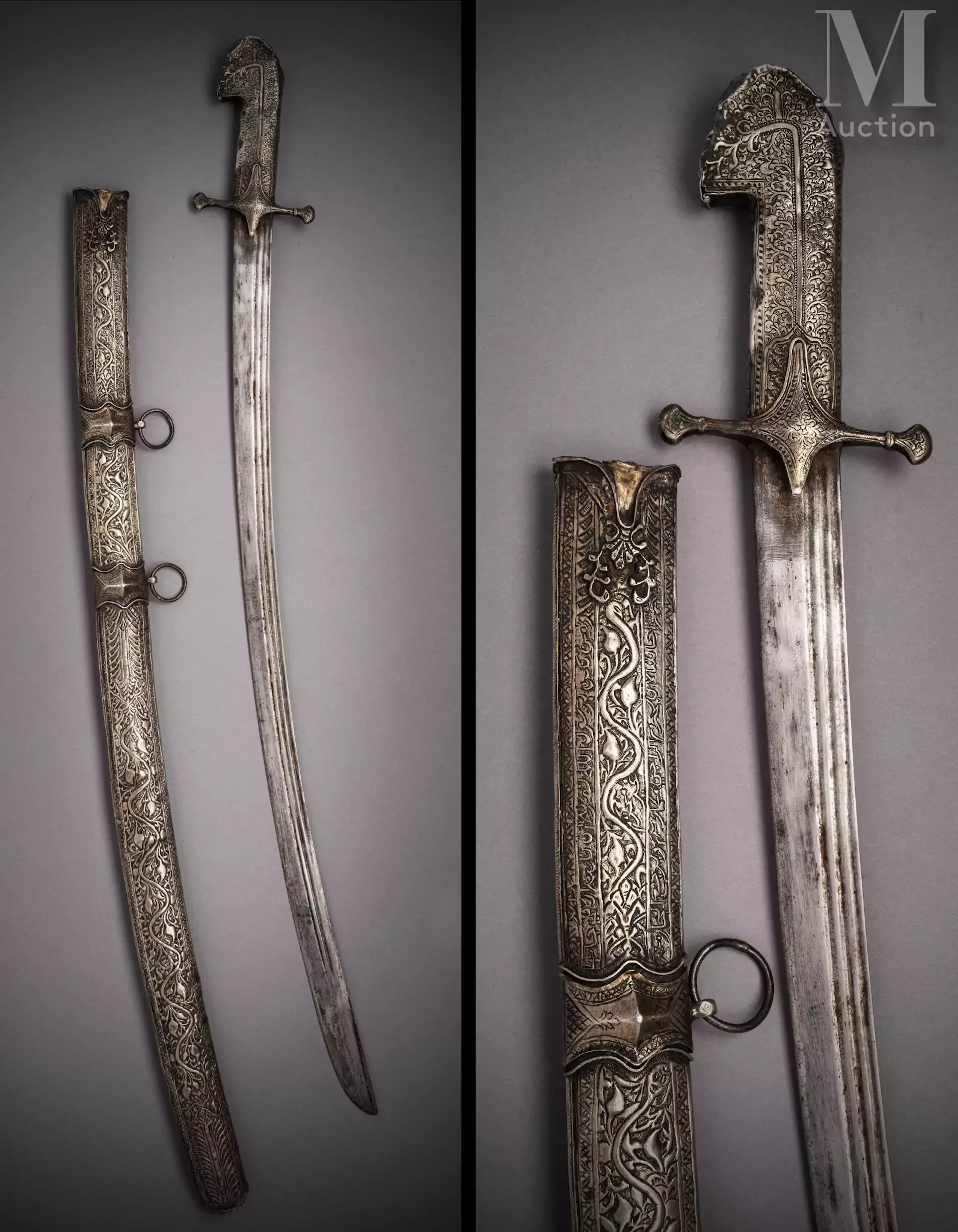 Sabre de type shamshir arabe en argent ciselé Proche-Orient, probablement