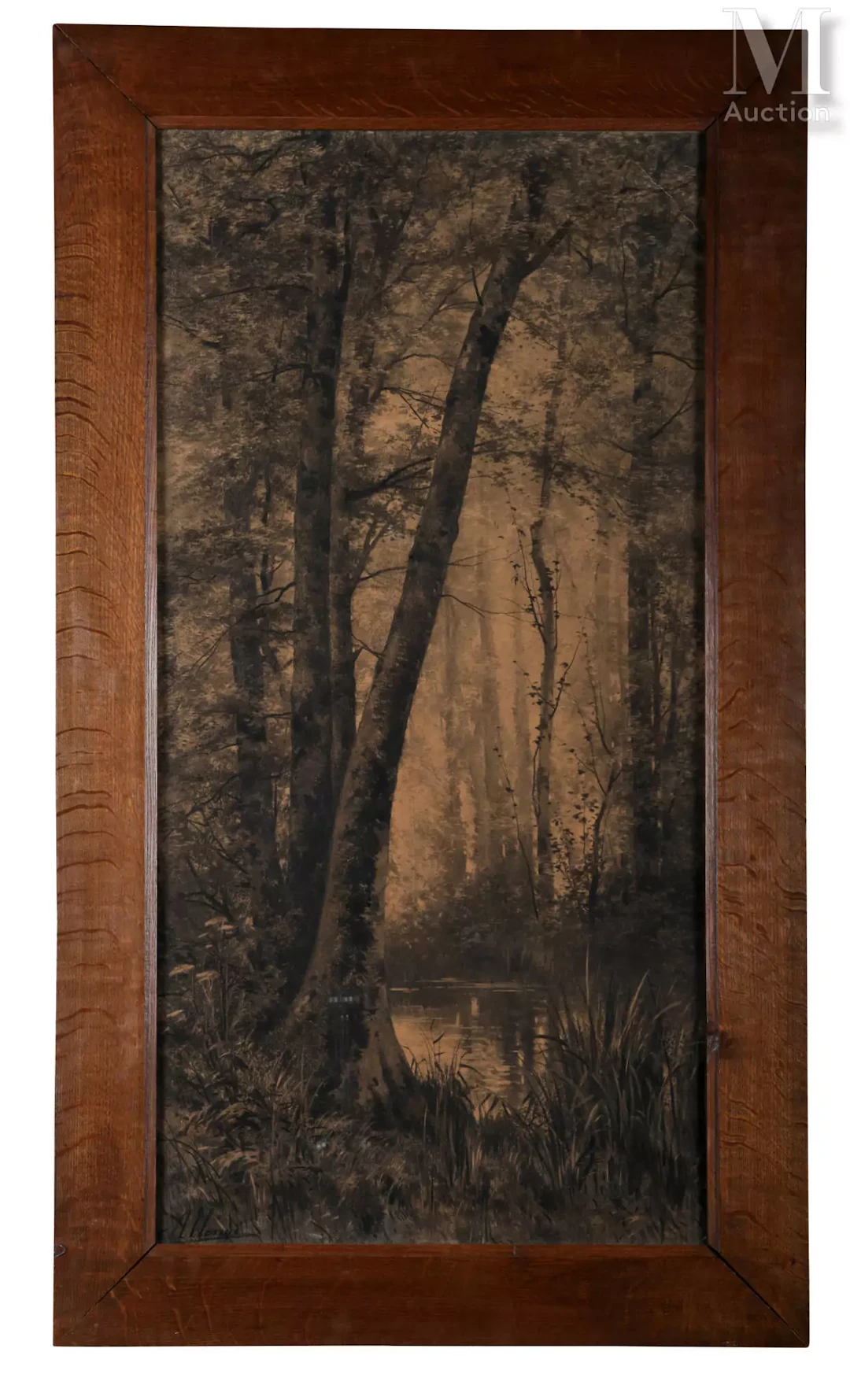 Auguste ALLONGÉ (1833-1898), Sous-bois, fusain signée. 108 x 54 cm.