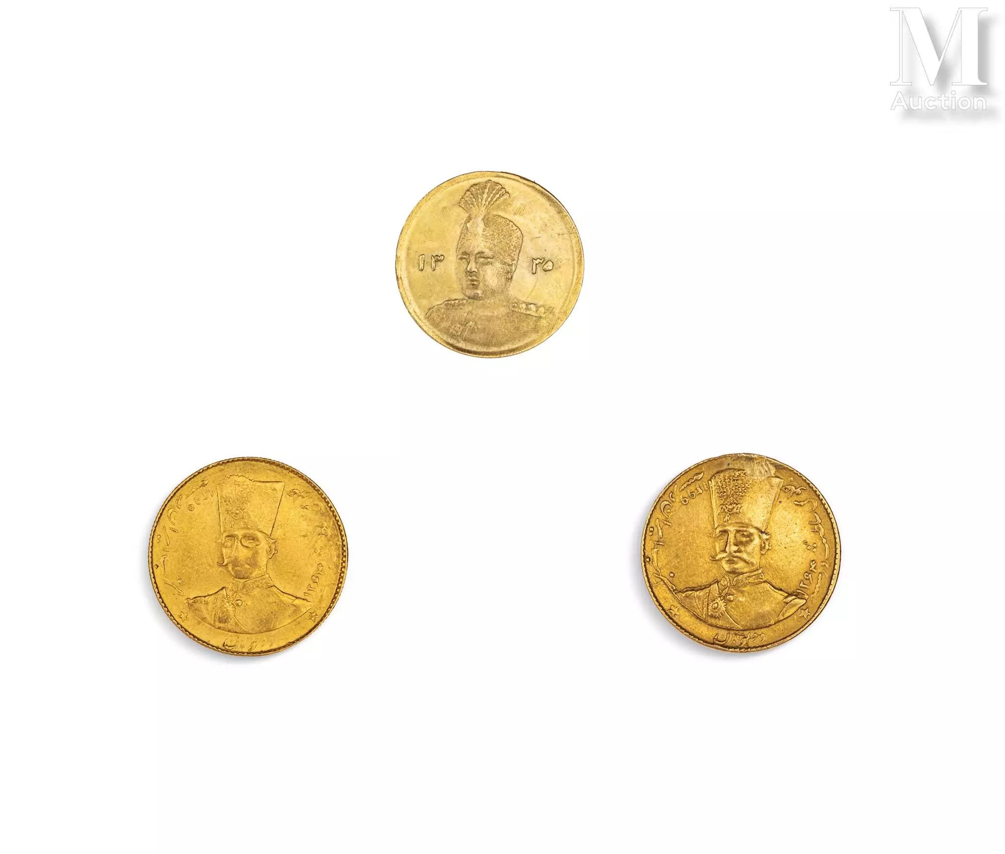 Trois pièces de monnaie en or à l’effigie des rois Qajar Iran, datées