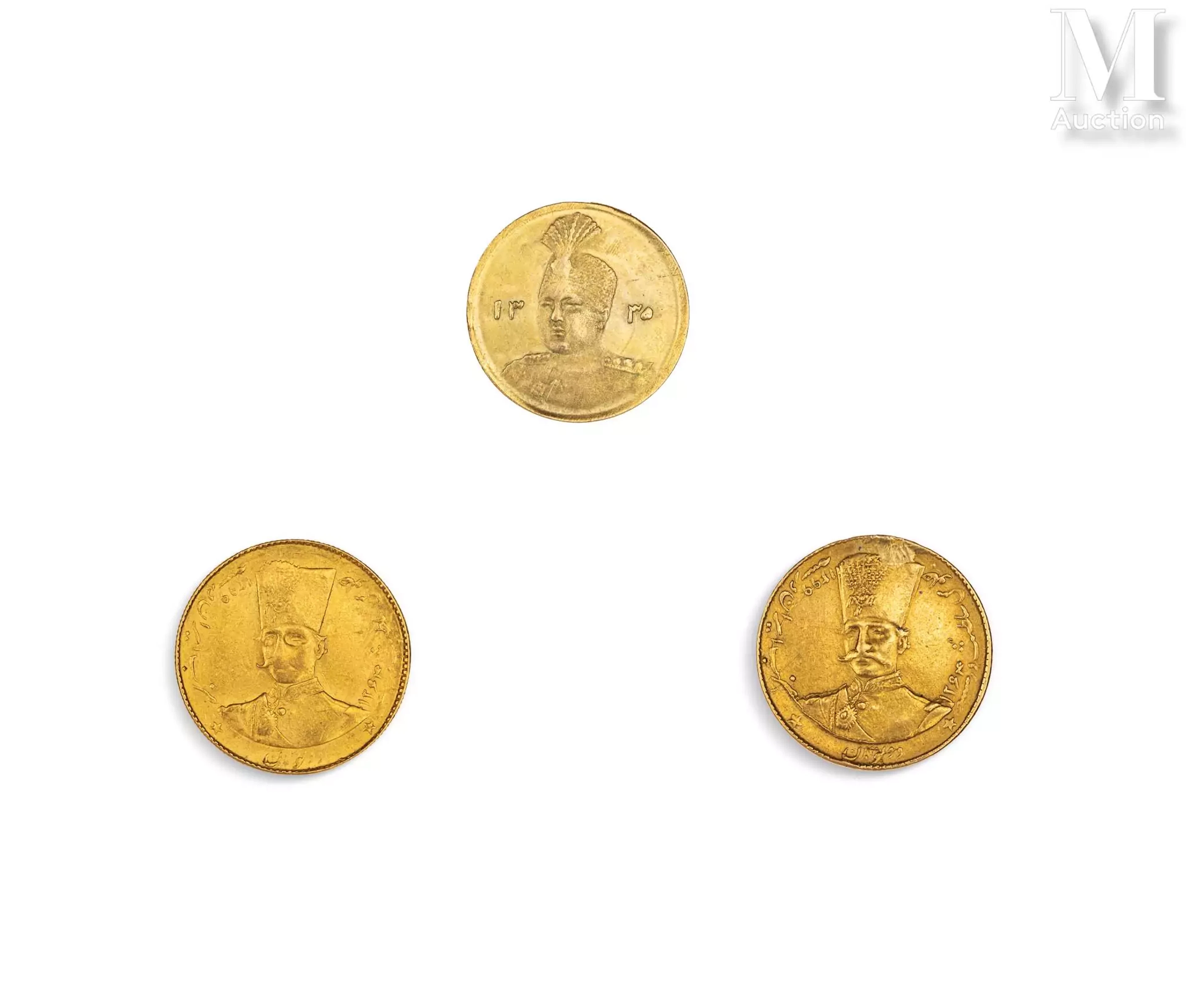 Trois pièces de monnaie en or à l’effigie des rois Qajar Iran, datées