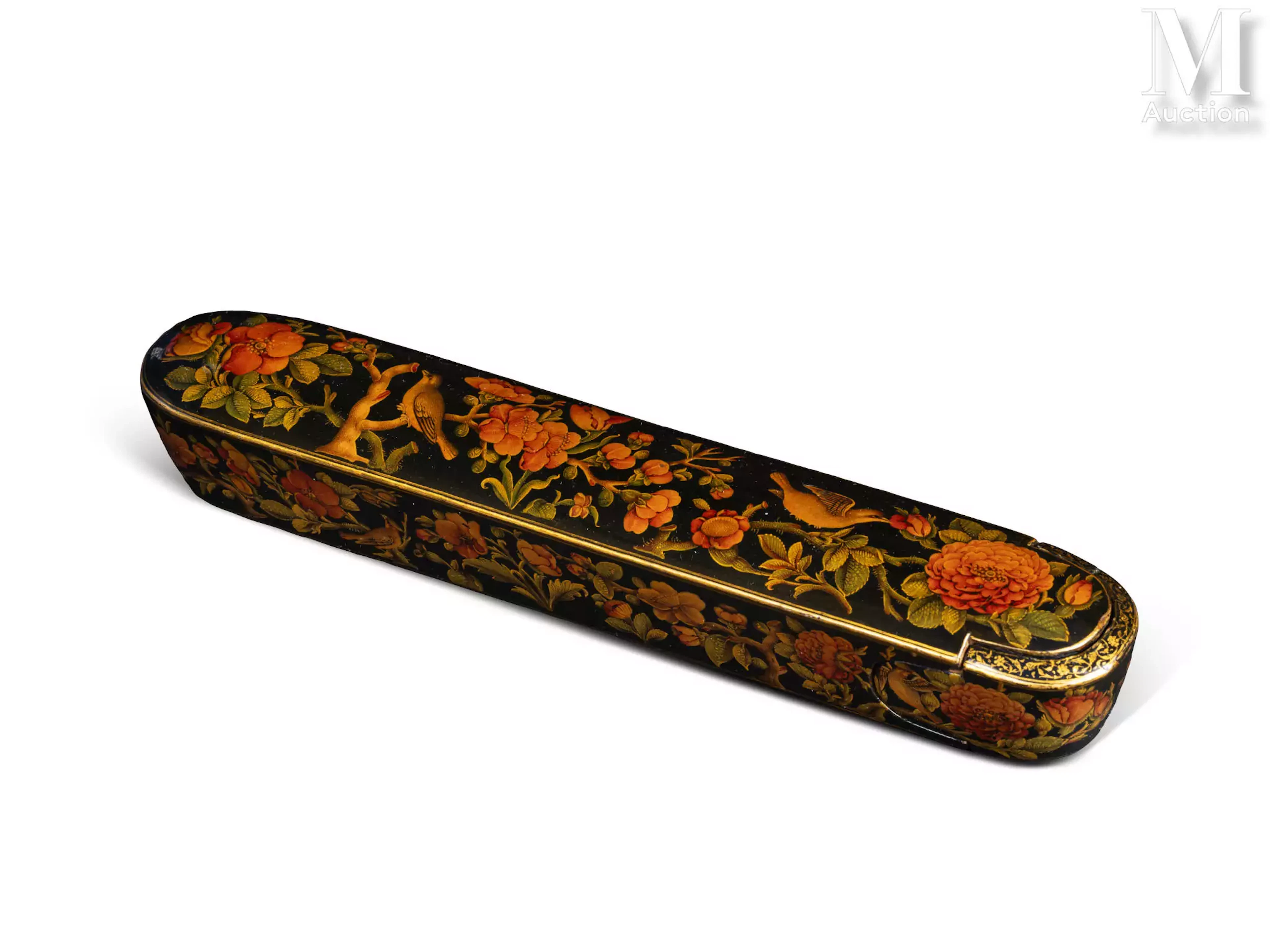 Plumier à la rose et au rossignol Iran, Art qajar, XIXe siècle