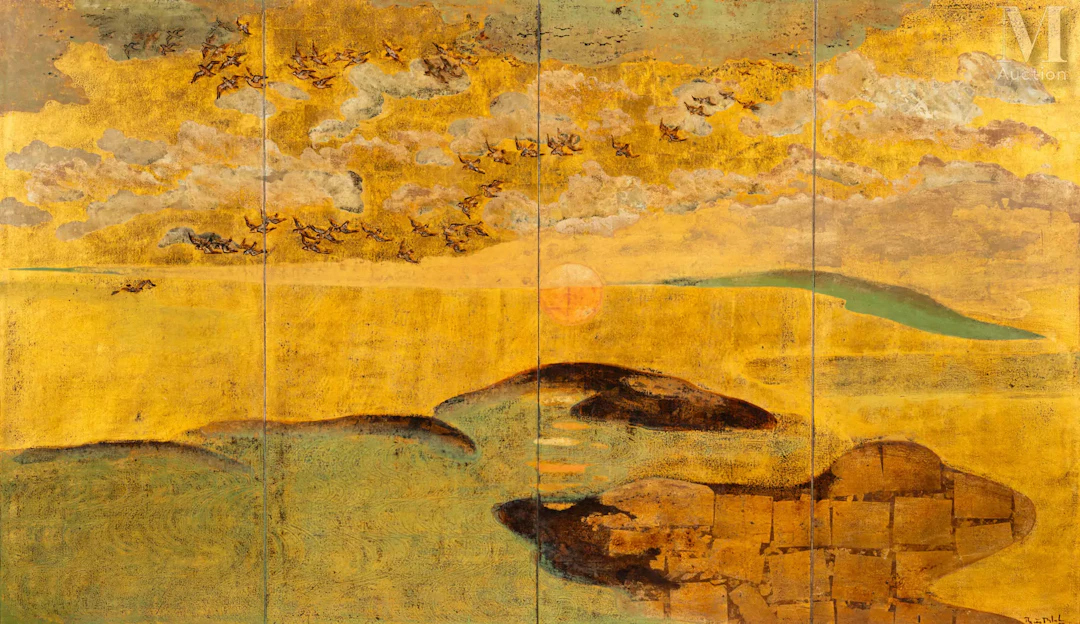Ⓟ NGUYEN VAN MINH (1934-2014) Envol d’oiseaux au coucher du soleil, 1987