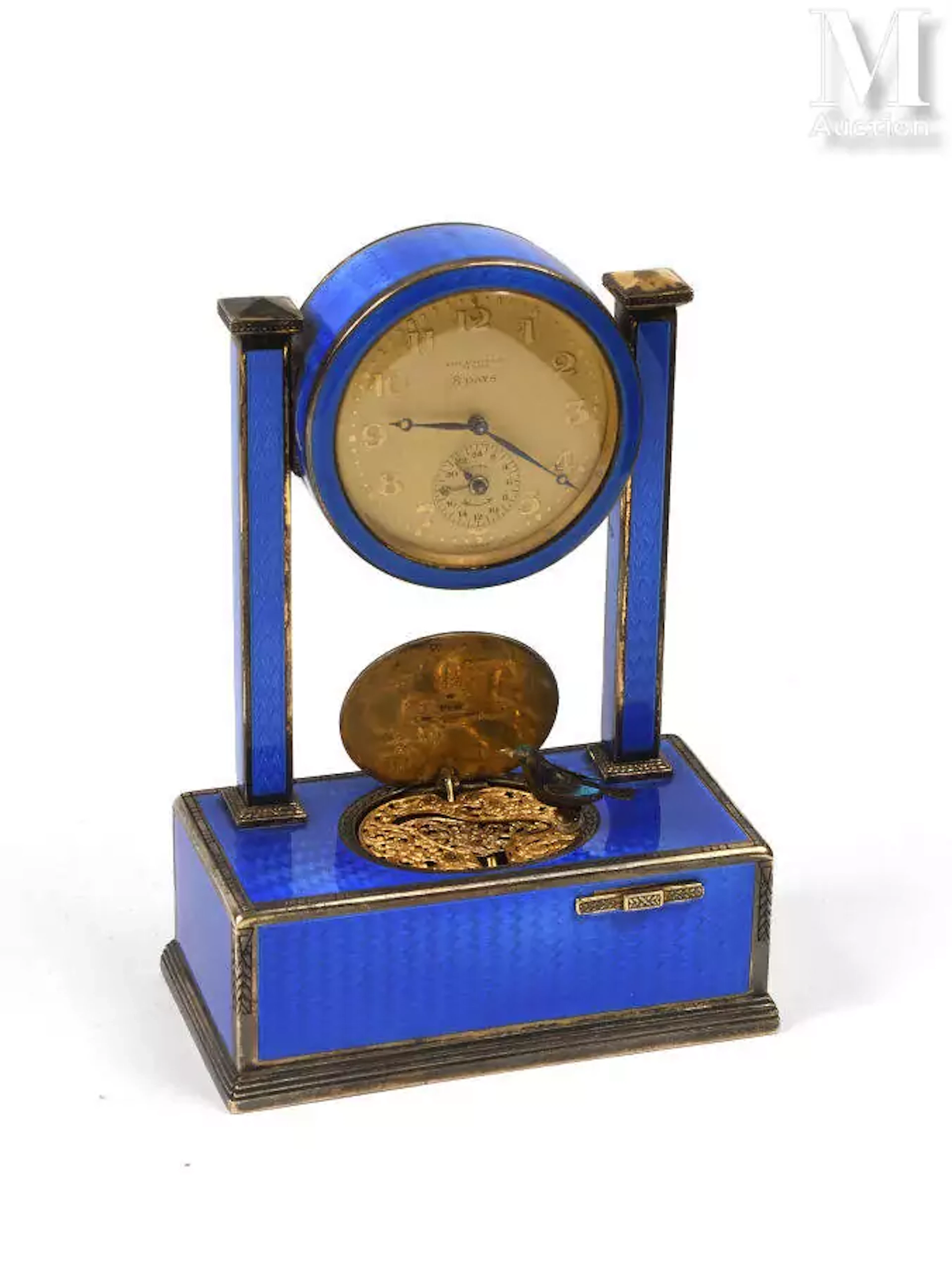 HORLOGE DE BUREAU MUSICALE en argent guilloché émaillé bleu, cadran