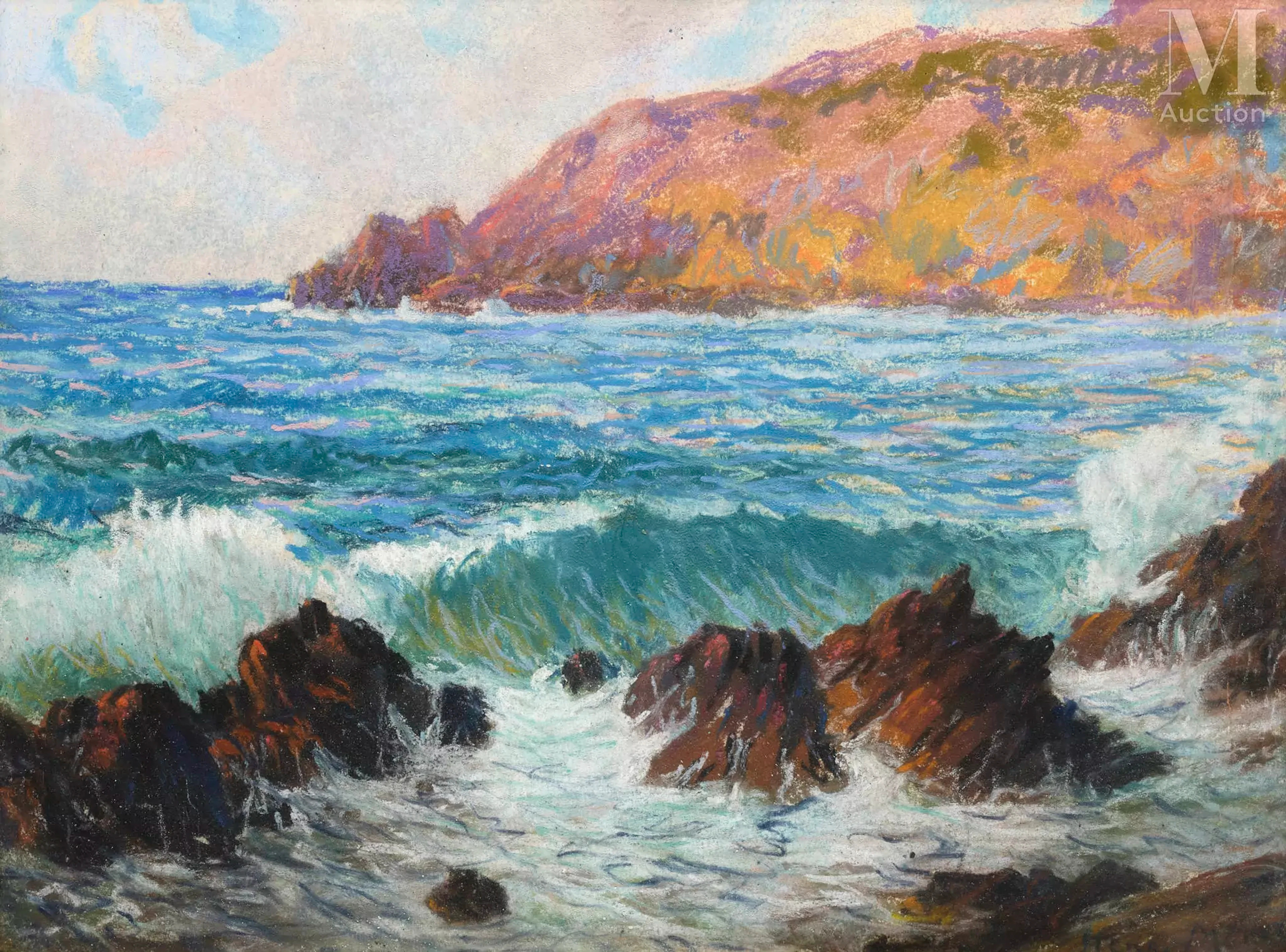 Ecole FRANCAISE dans le gout de Henri MORET Bord de mer et rochers