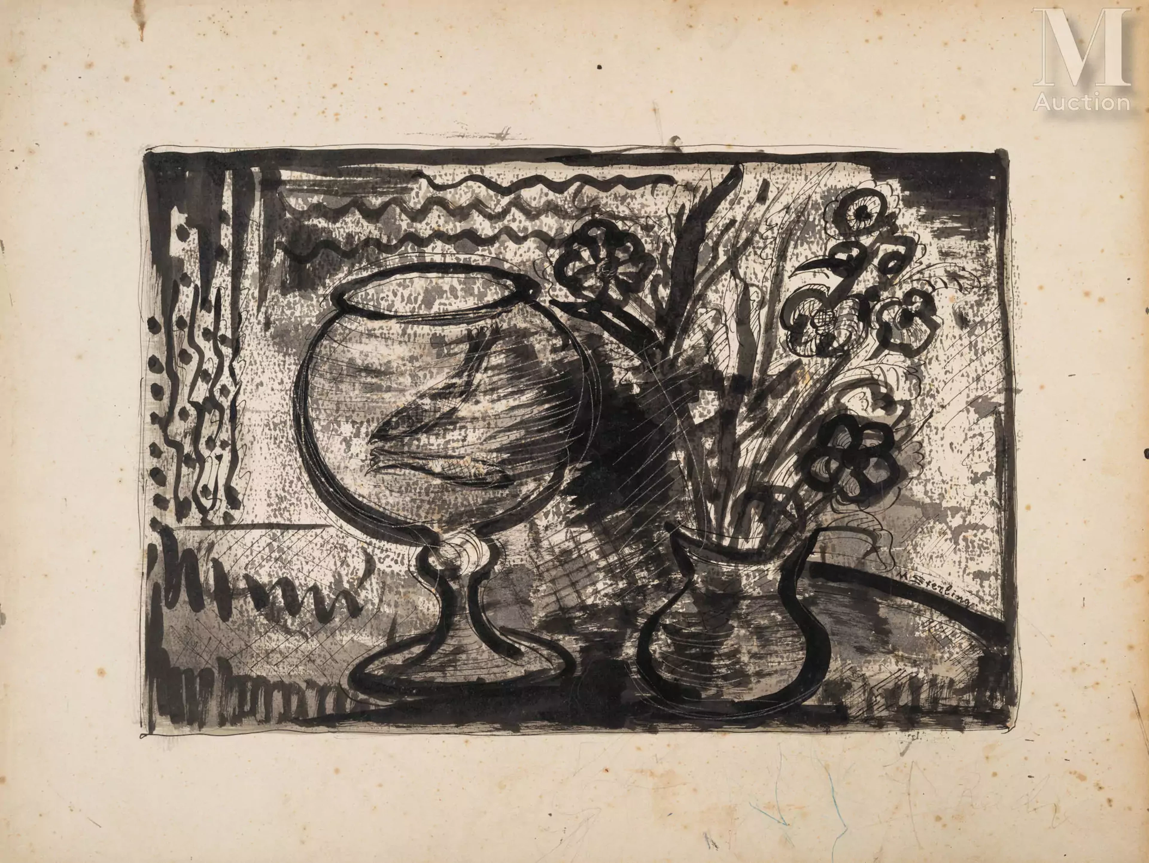 Marc STERLING (Prylouky 1895 - Paris 1976) Nature morte aux fleurs et poissons