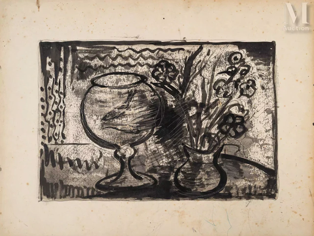 Marc STERLING (Prylouky 1895 - Paris 1976) Nature morte aux fleurs et poissons