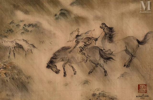 Ⓟ ƒ TRAN VAN THO (1917-2004) "Cavalier sous l'orage"