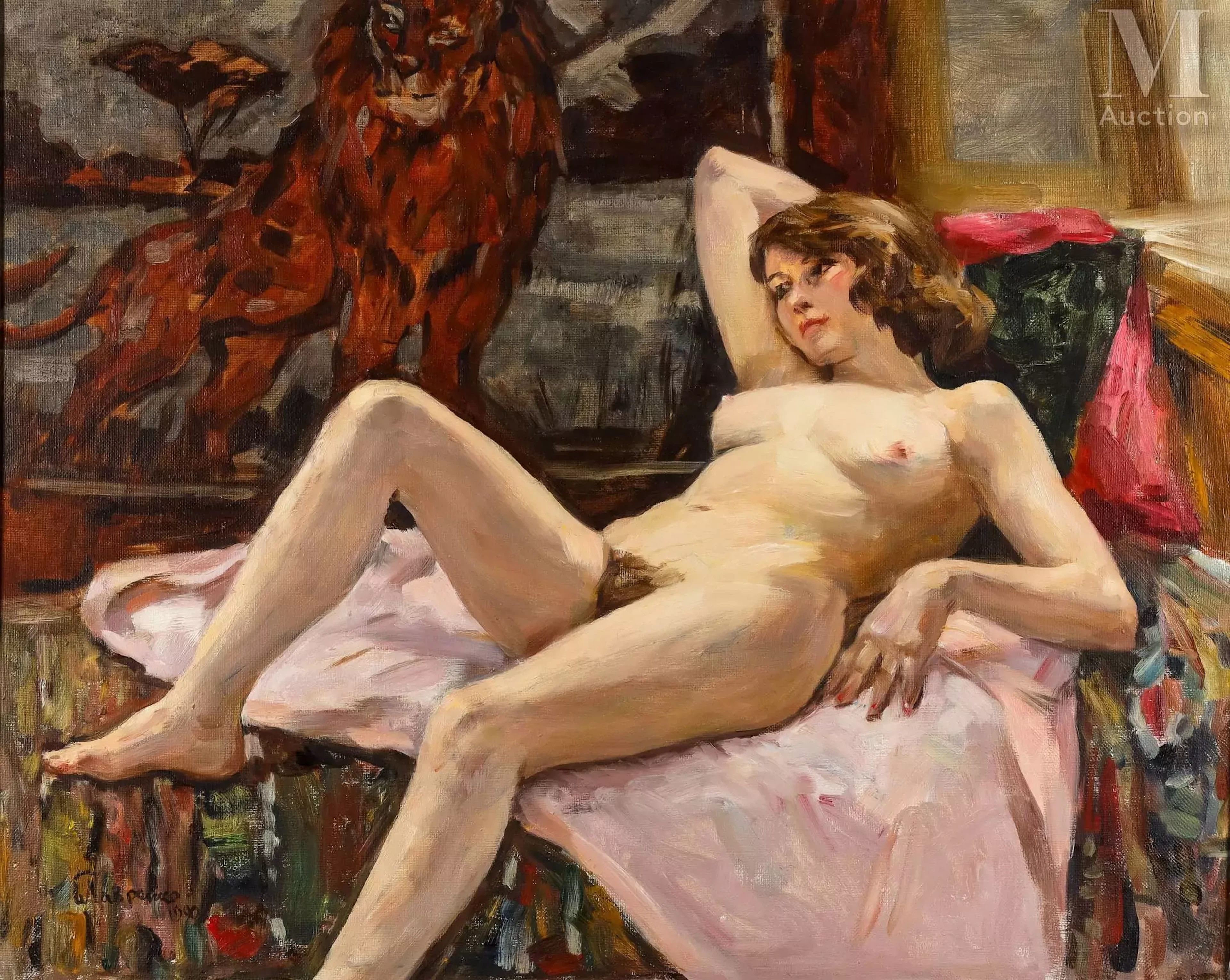 Boris Mikhailovich LAVRENKO (1920-2001 Russe) Femme nue devant le lion