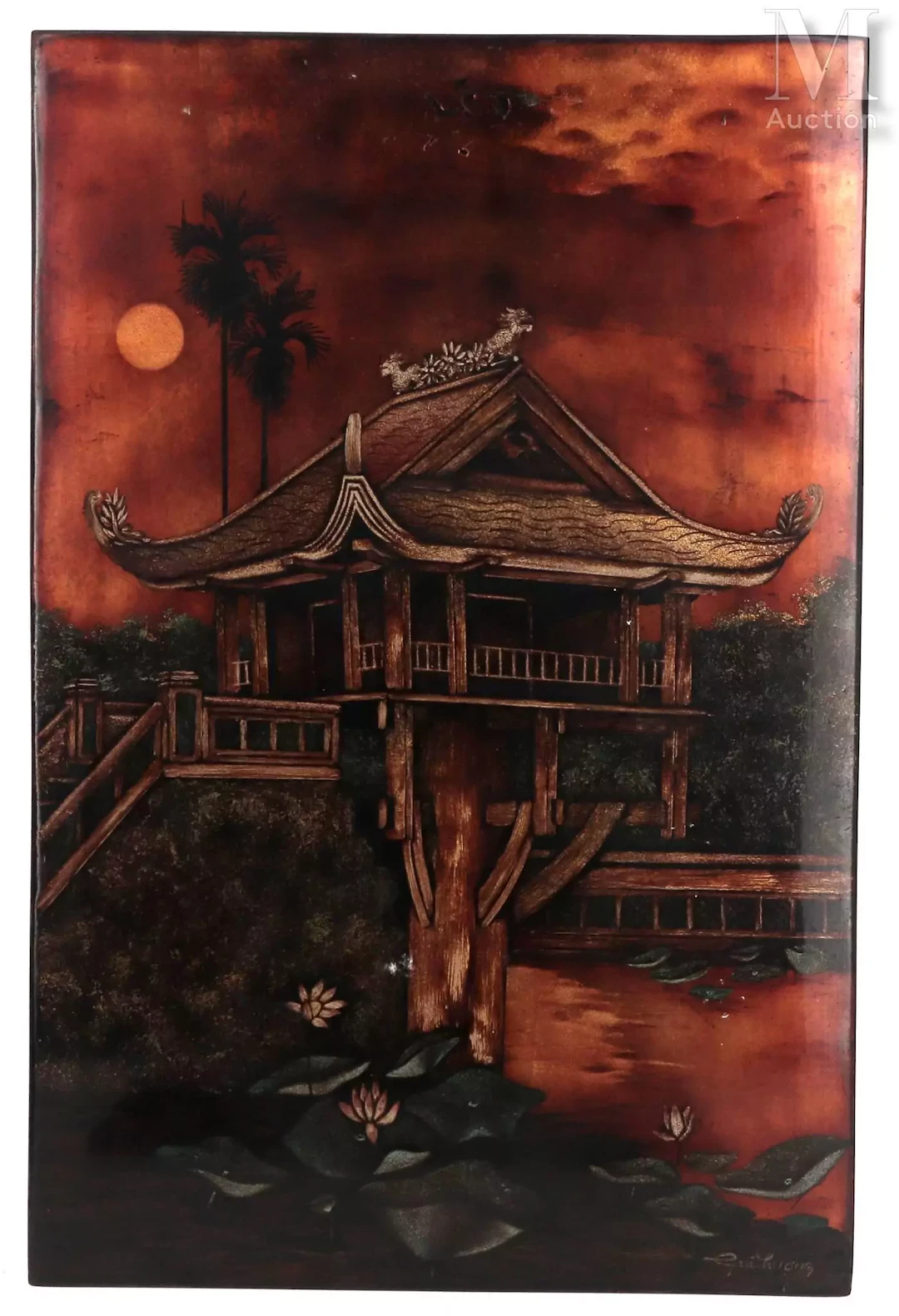 VIETNAM, XXe siècle Ensemble de trois panneaux en bois laqué