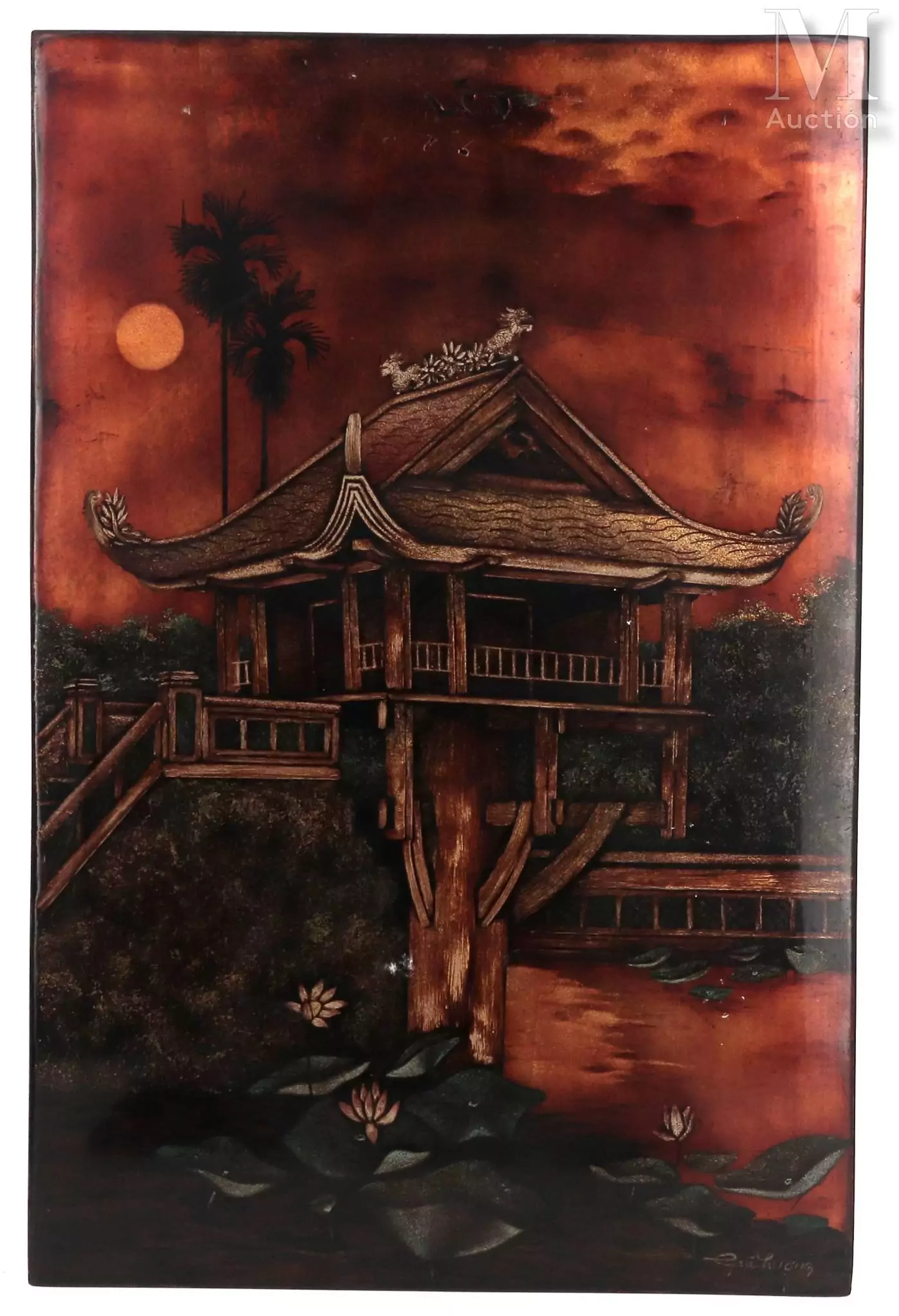 VIETNAM, XXe siècle Ensemble de trois panneaux en bois laqué