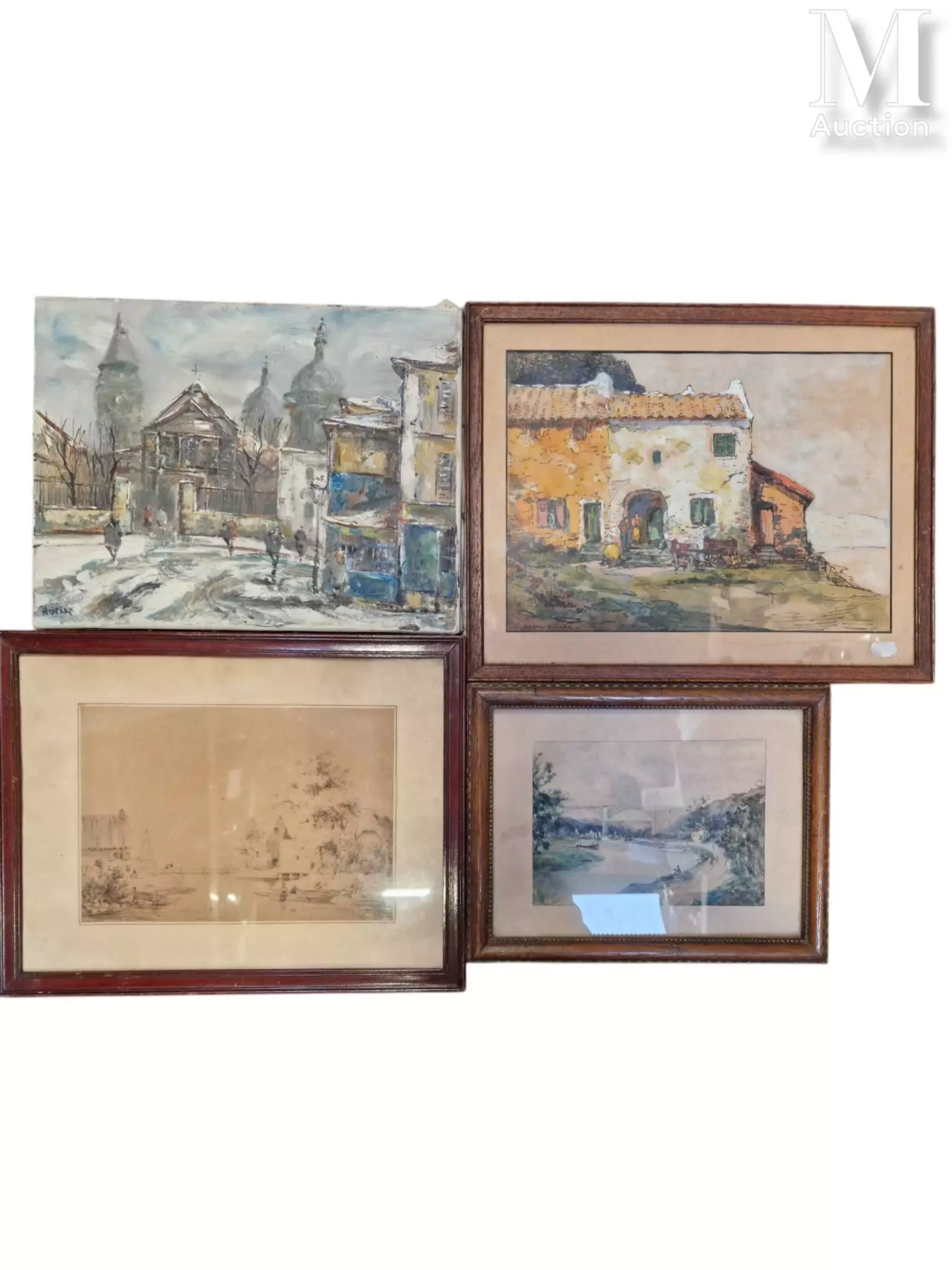Ensemble de quatre pièces encadrées comprenant :