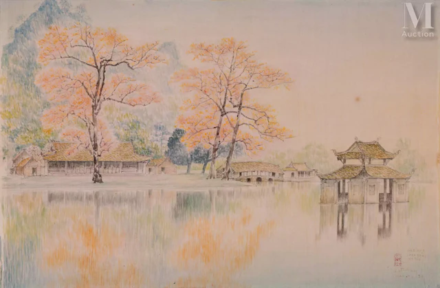 Ⓗ TRAN DUY (1920 - 2014) «Fleurs de kapok, pagode Thay, Ha Tay», 1984
