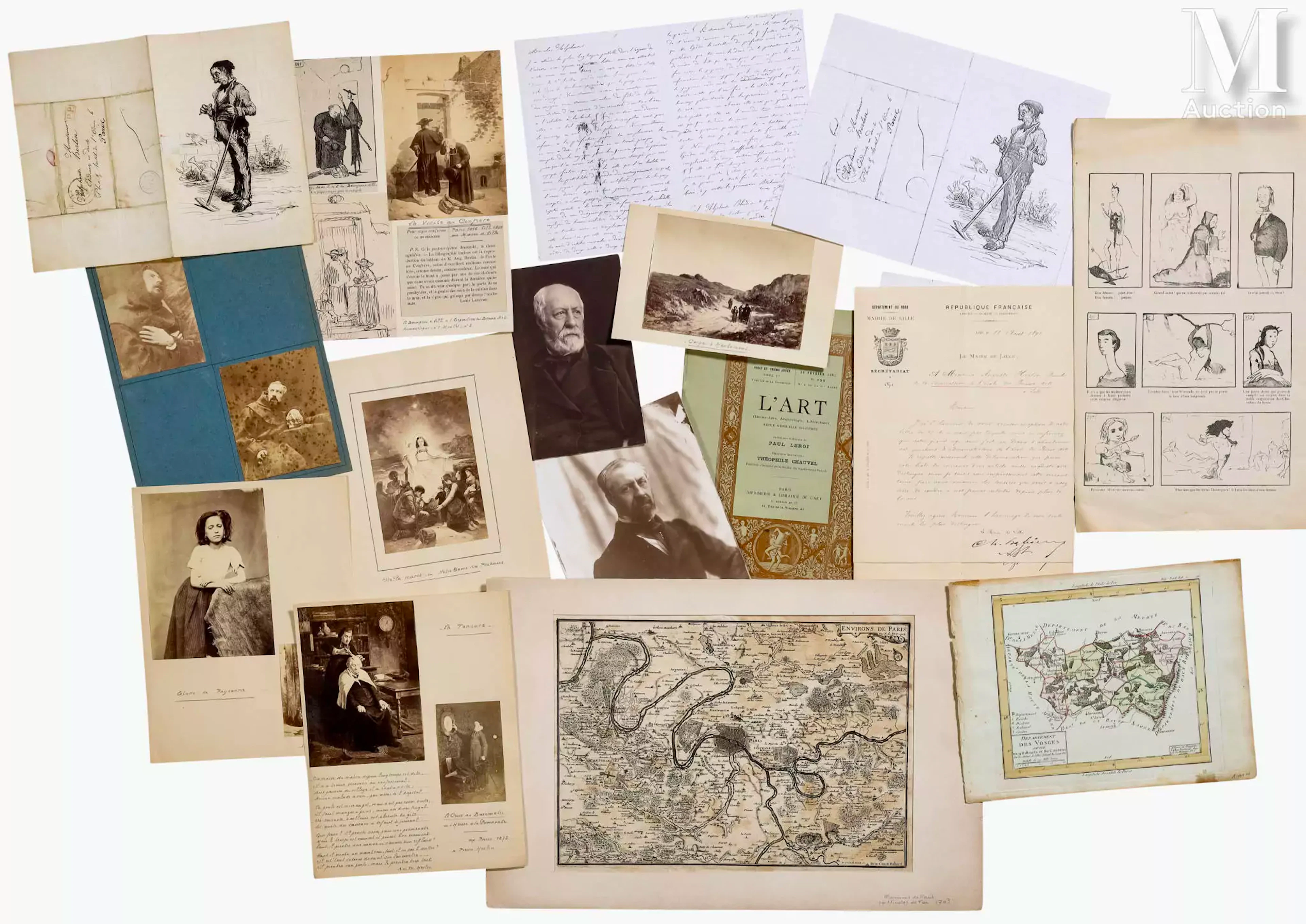 Auguste-Joseph HERLIN (1815-1900) Ensemble de lettres, dessins, et