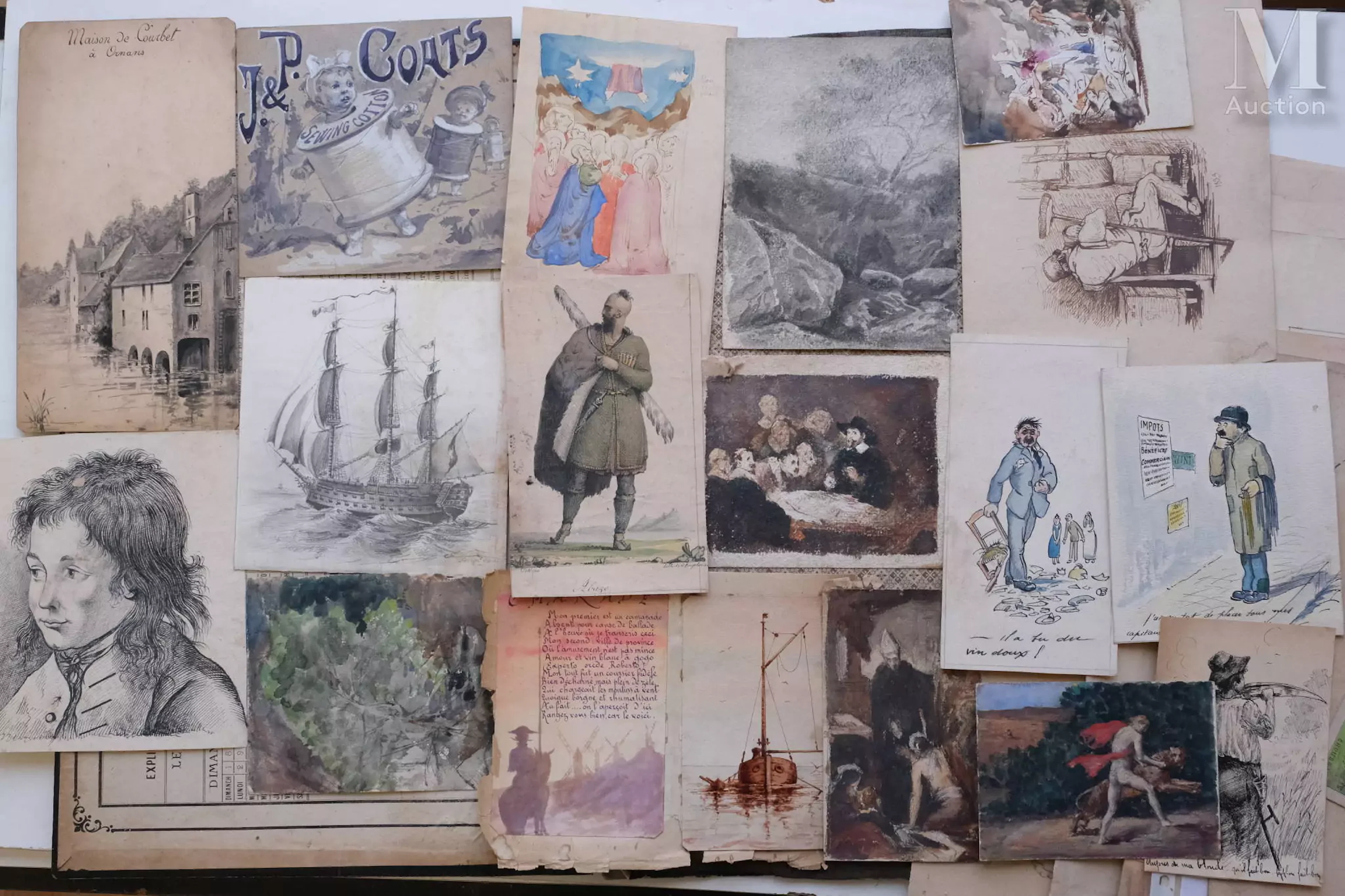 Ensemble de trente-cinq dessins, aquarelles et gravures