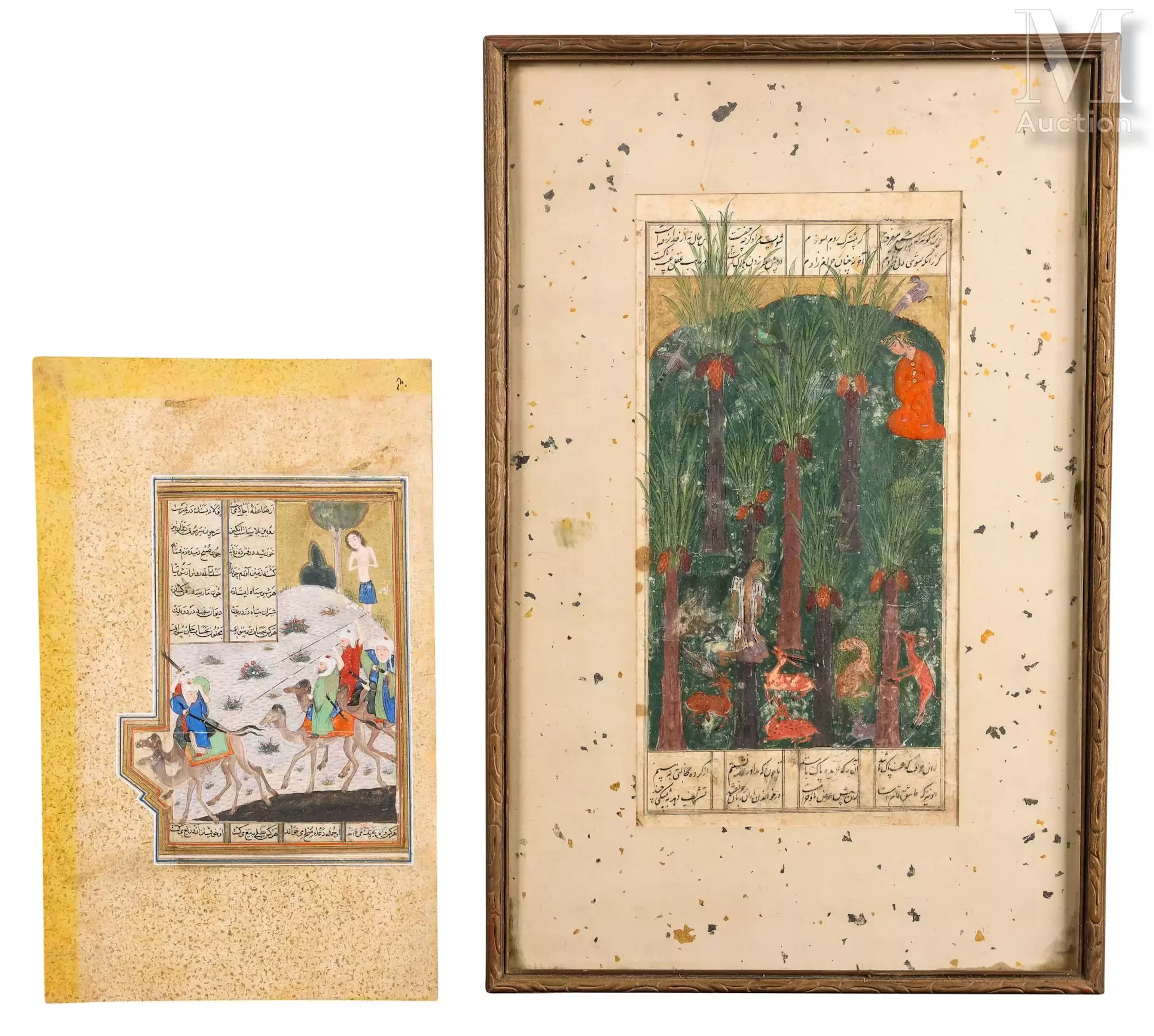Iran, XVIe - XIXe siècle Deux feuillets manuscrits enluminés – Laylâ o Majnûn