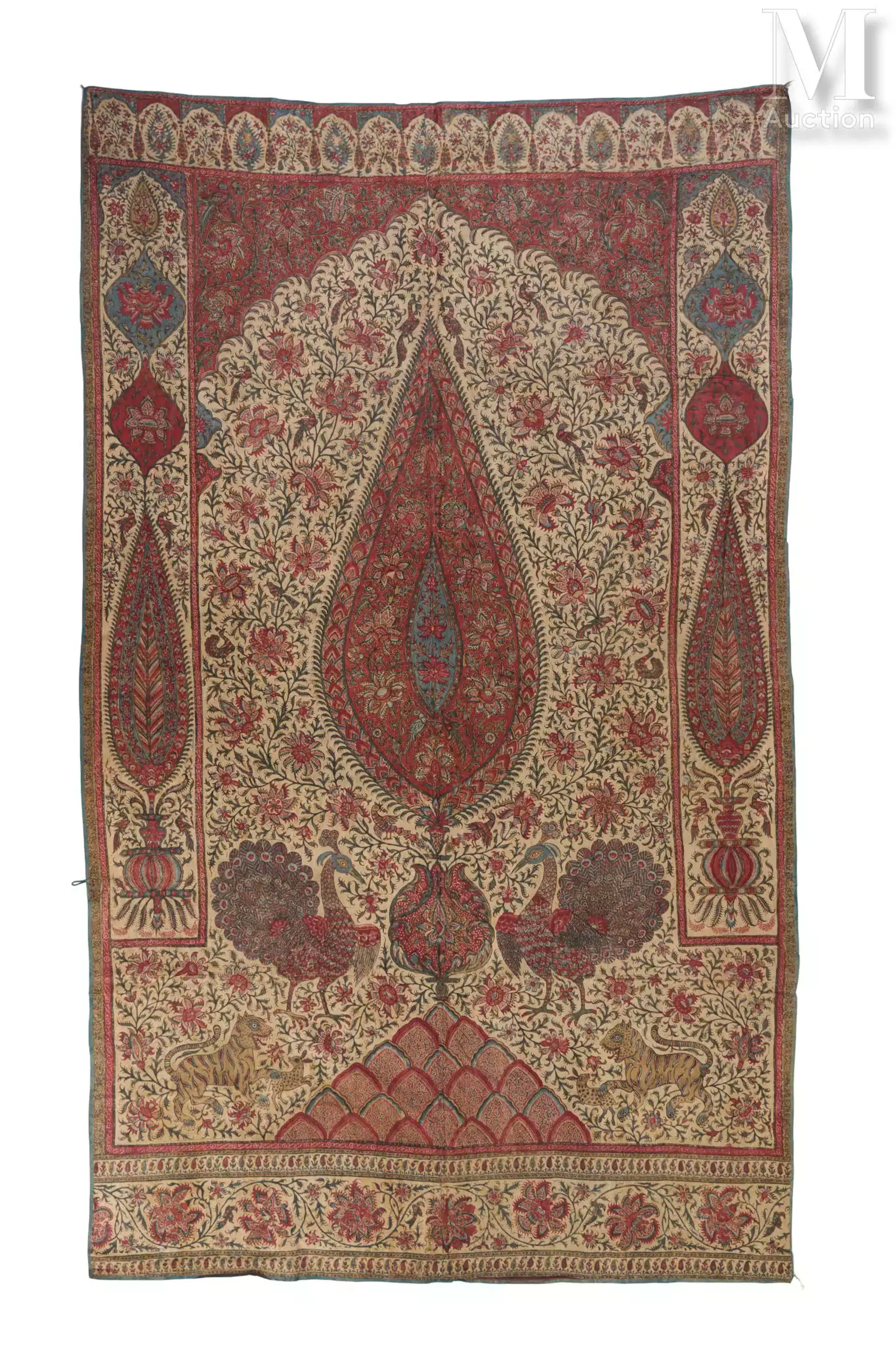 Tenture qalamkar au mihrab, paons et tigres Inde, XIXe siècle
