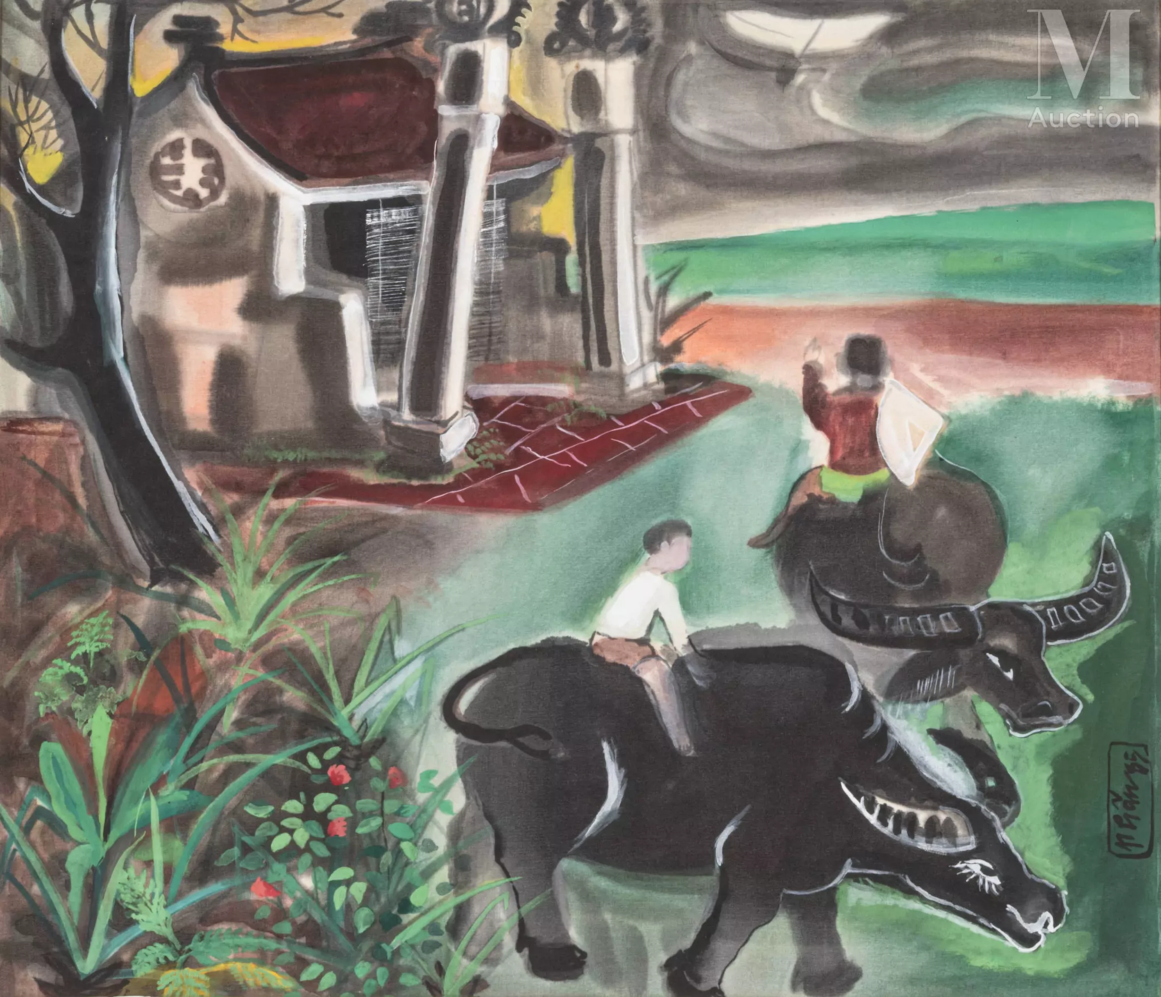 Ⓟ DO PHAN (né en 1956) "Enfants bouviers devant le temple", 1985