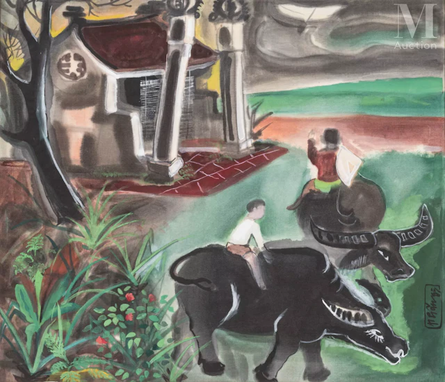 Ⓟ DO PHAN (né en 1956) "Enfants bouviers devant le temple", 1985