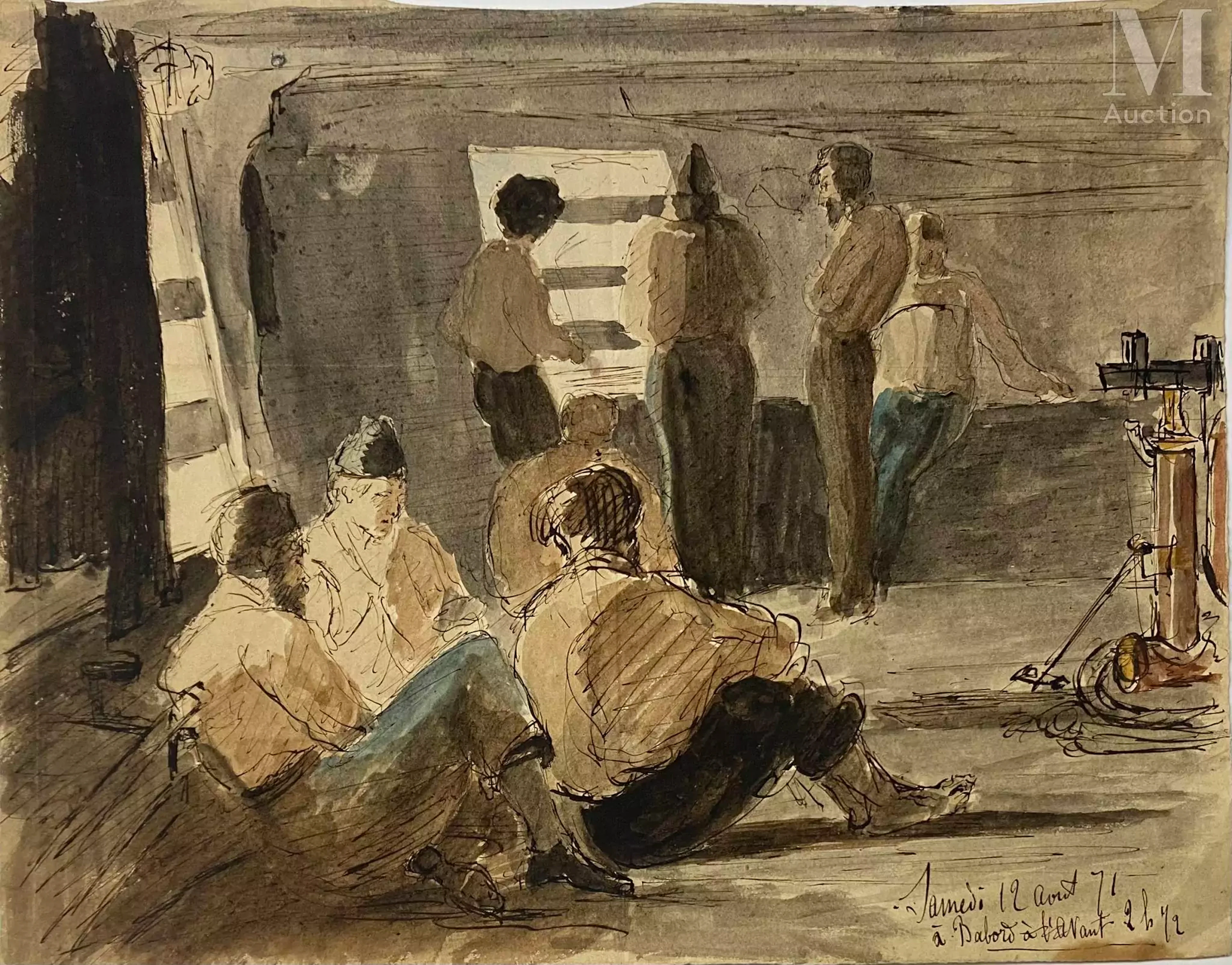 Un lot dont : Ecole française du XIX Intérieur de navire, 1871