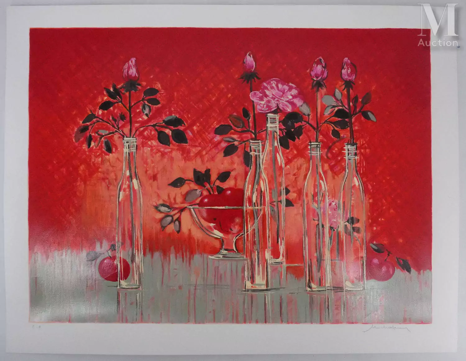 HENRY Michel (1928-2016) Nature morte au fond rouge