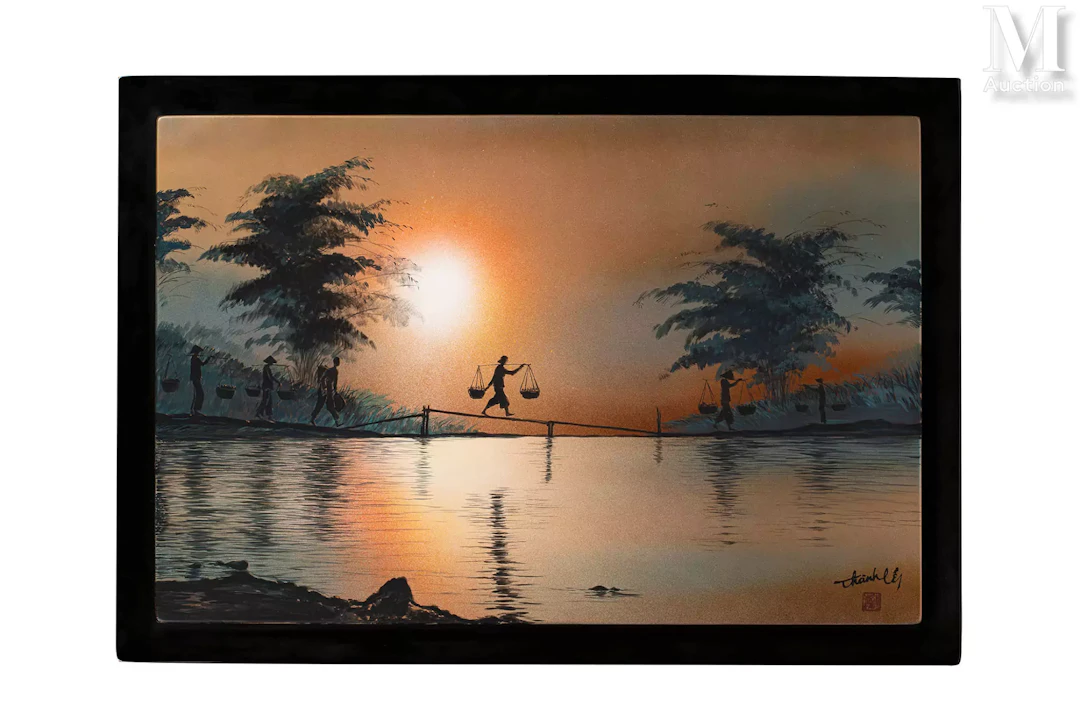VIETNAM, Atelier de Thanh Le, XXe siècle "Paysanne sur un pont"