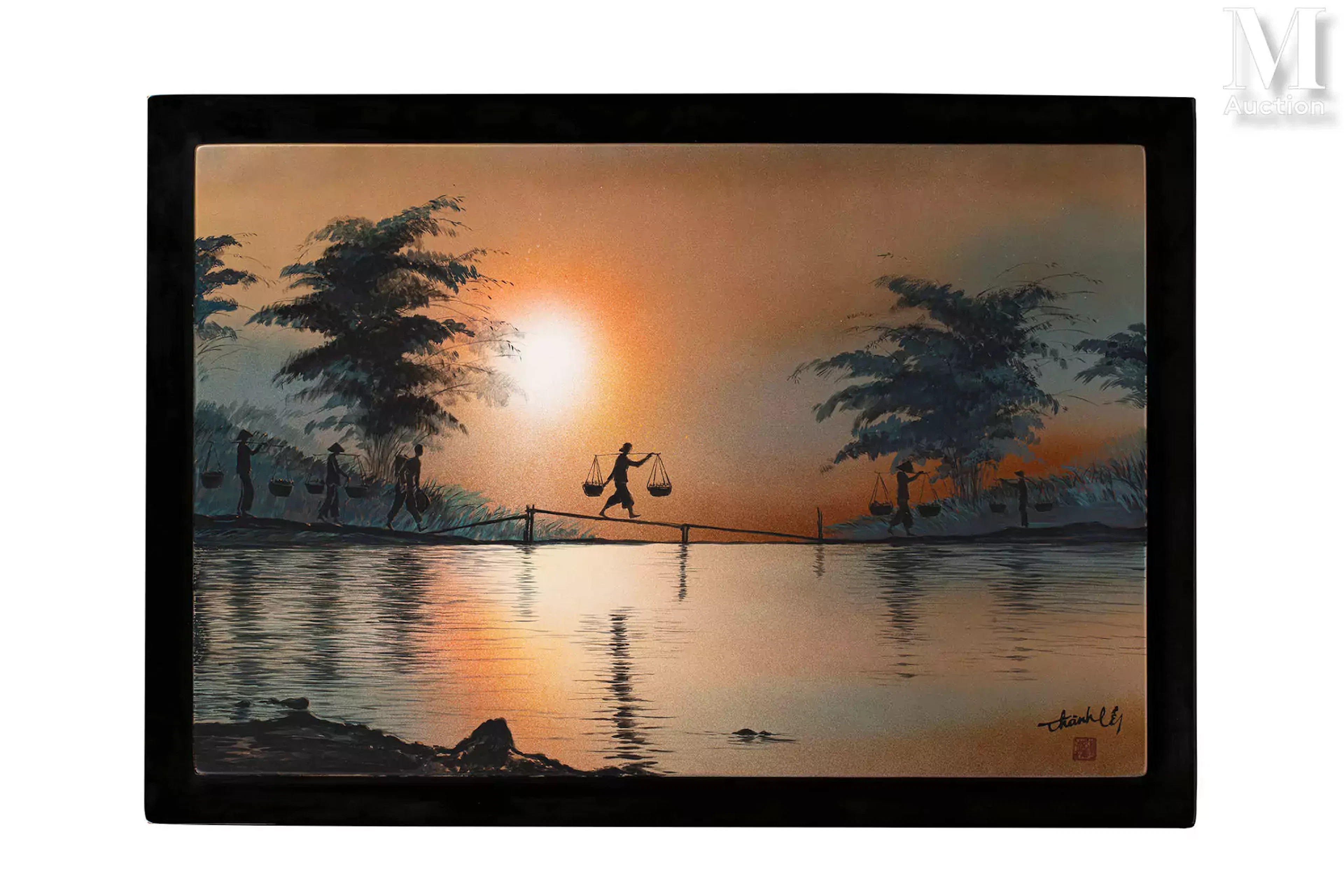 VIETNAM, Atelier de Thanh Le, XXe siècle "Paysanne sur un pont"