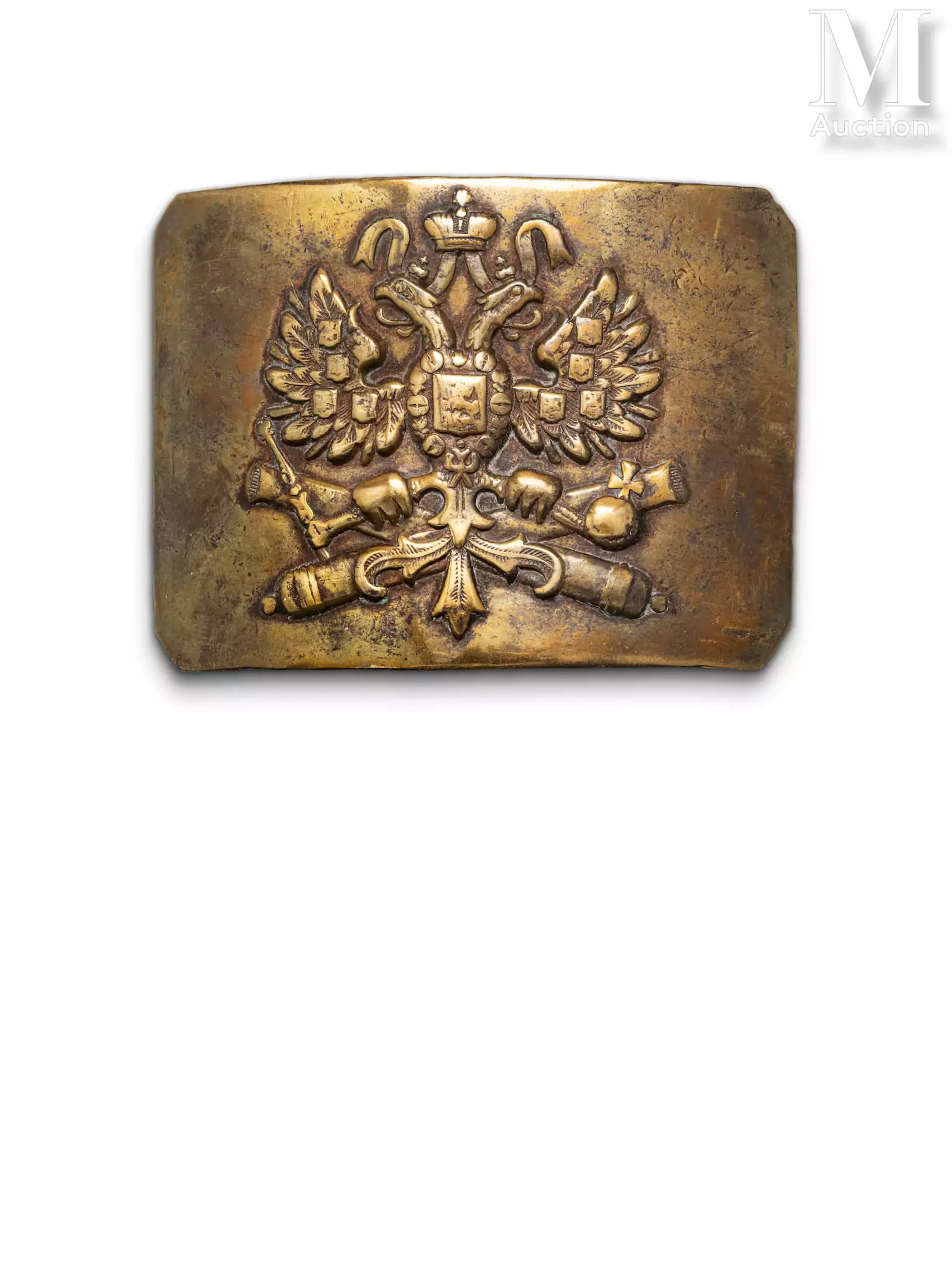 Boucle de ceinturon de soldat d’artillerie de la Garde, en laiton doré. Usures.