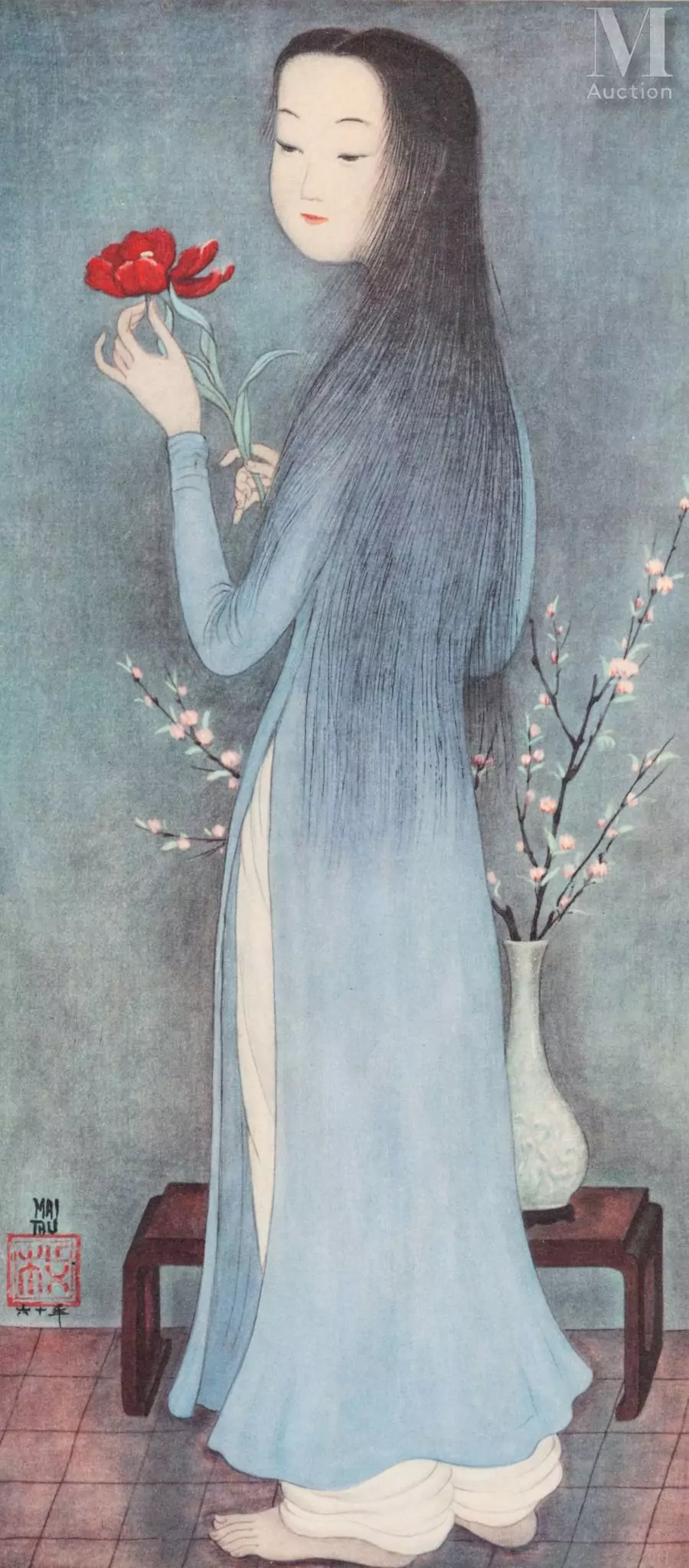 Ⓟ MAI TRUNG THU (1906-1980), d'après "Jeune femme à la rose"