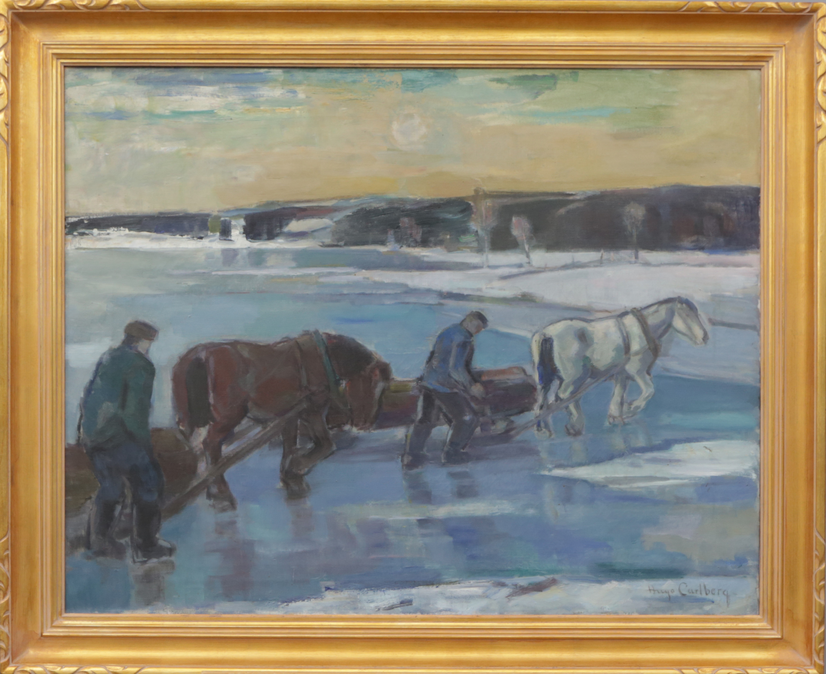 HUGO CARLBERG. OLJA, på duk, "Foror över isen" Vrigstad, Småland, signerad.