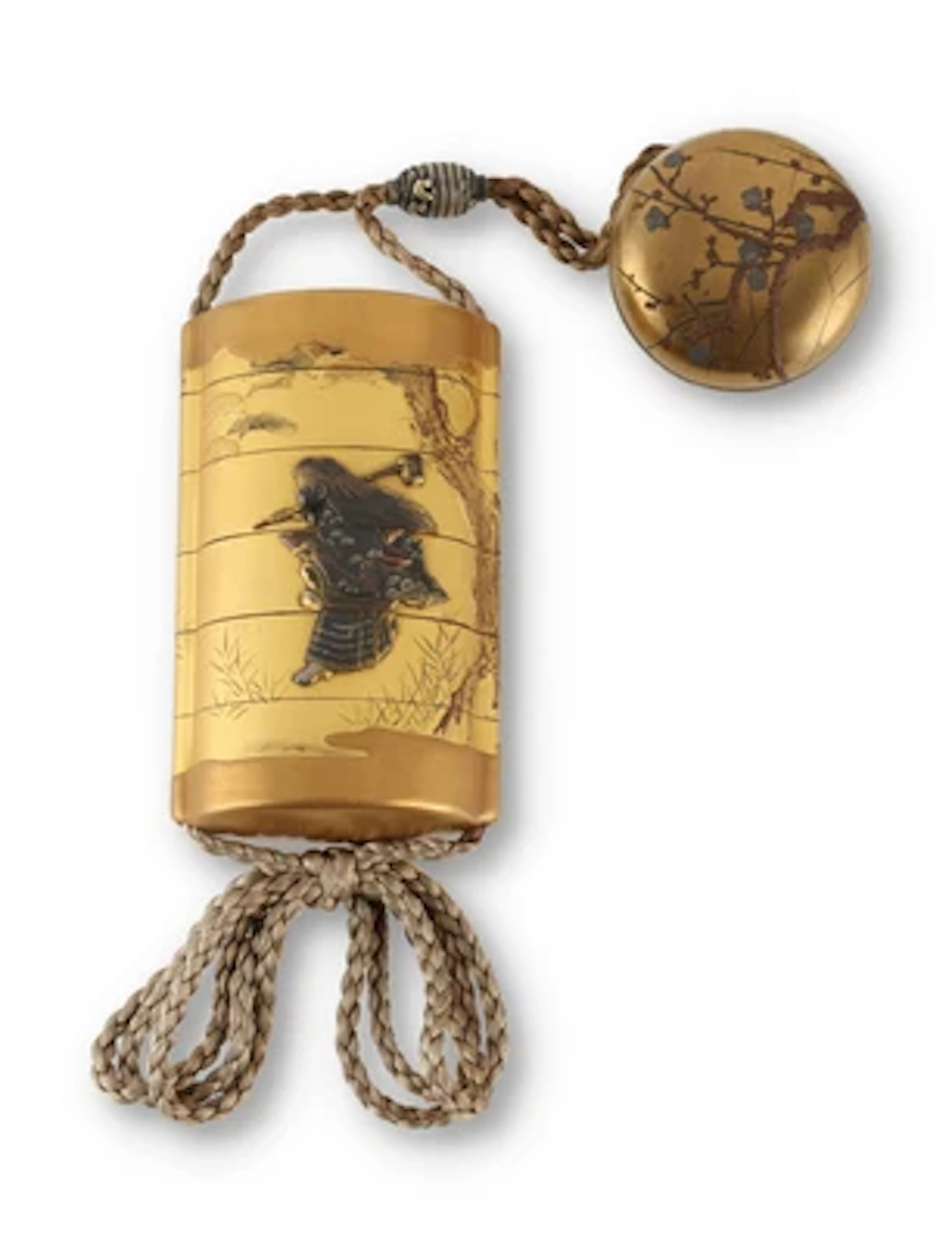 Goldlack Inro mit Netsuke und Ojime, Japan, Meiji Periode