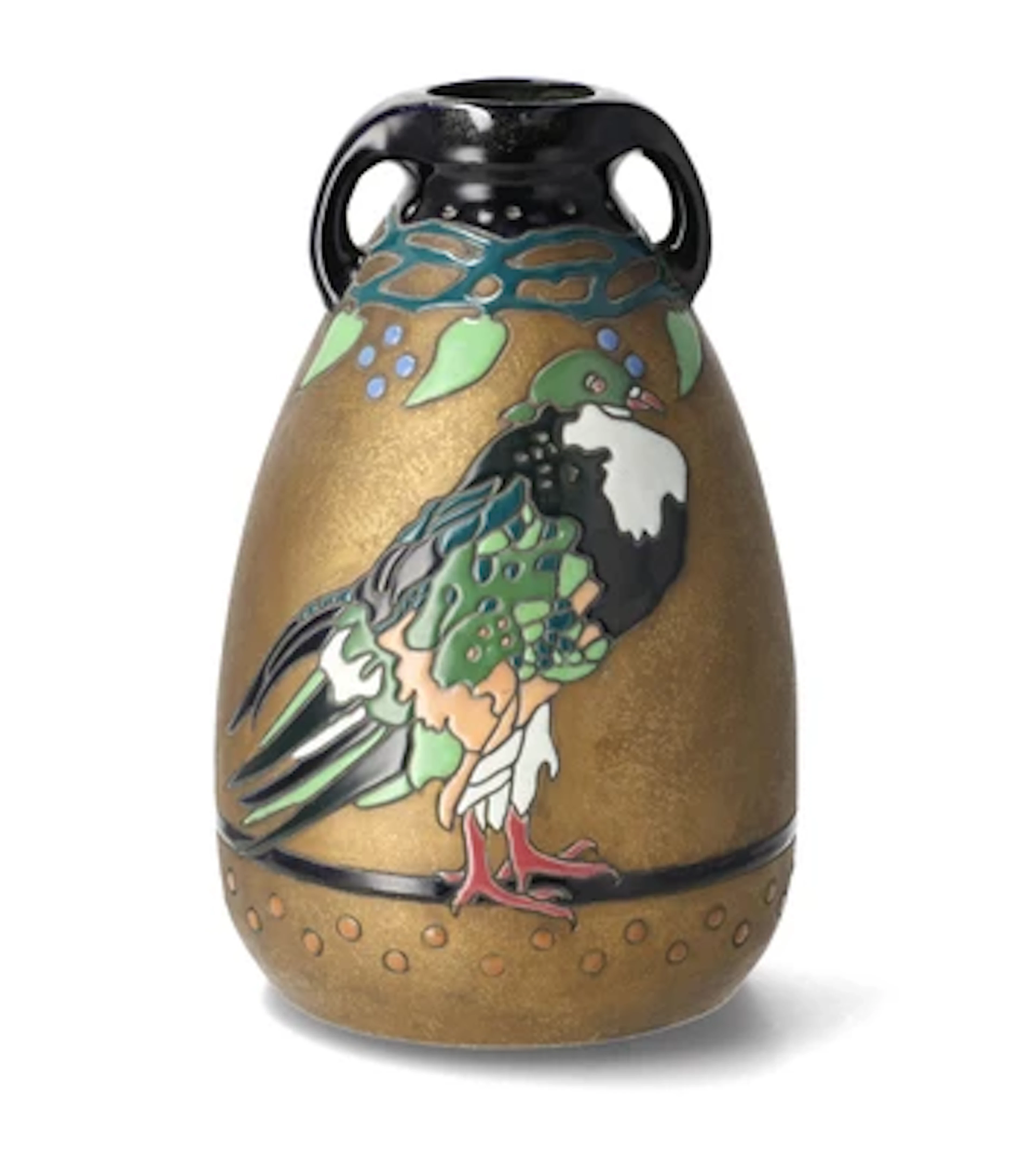 A handled vase with a large bird, design attributed to Max von Jungwirth