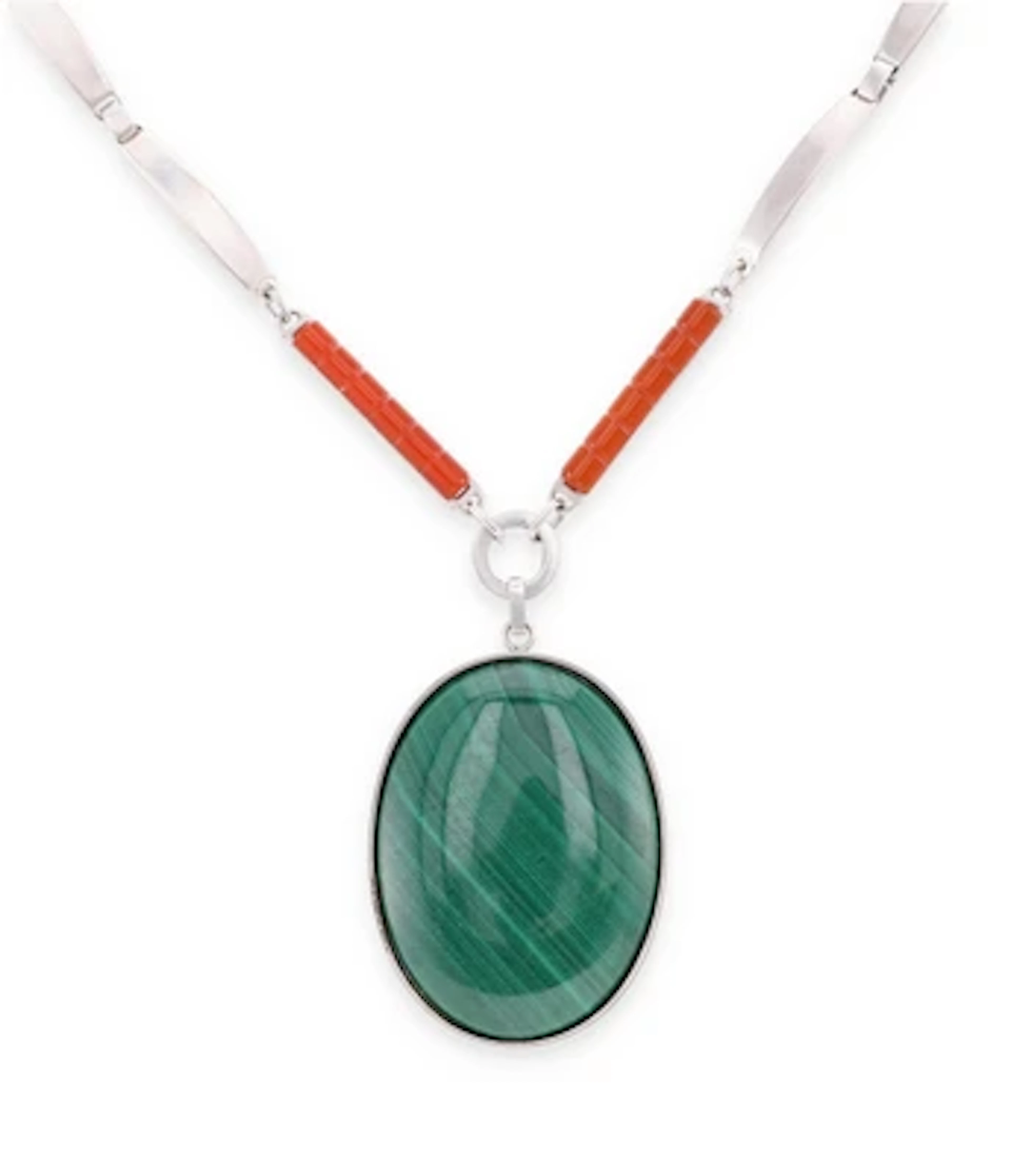 A sterling silver necklace set with malachite and agate, designed