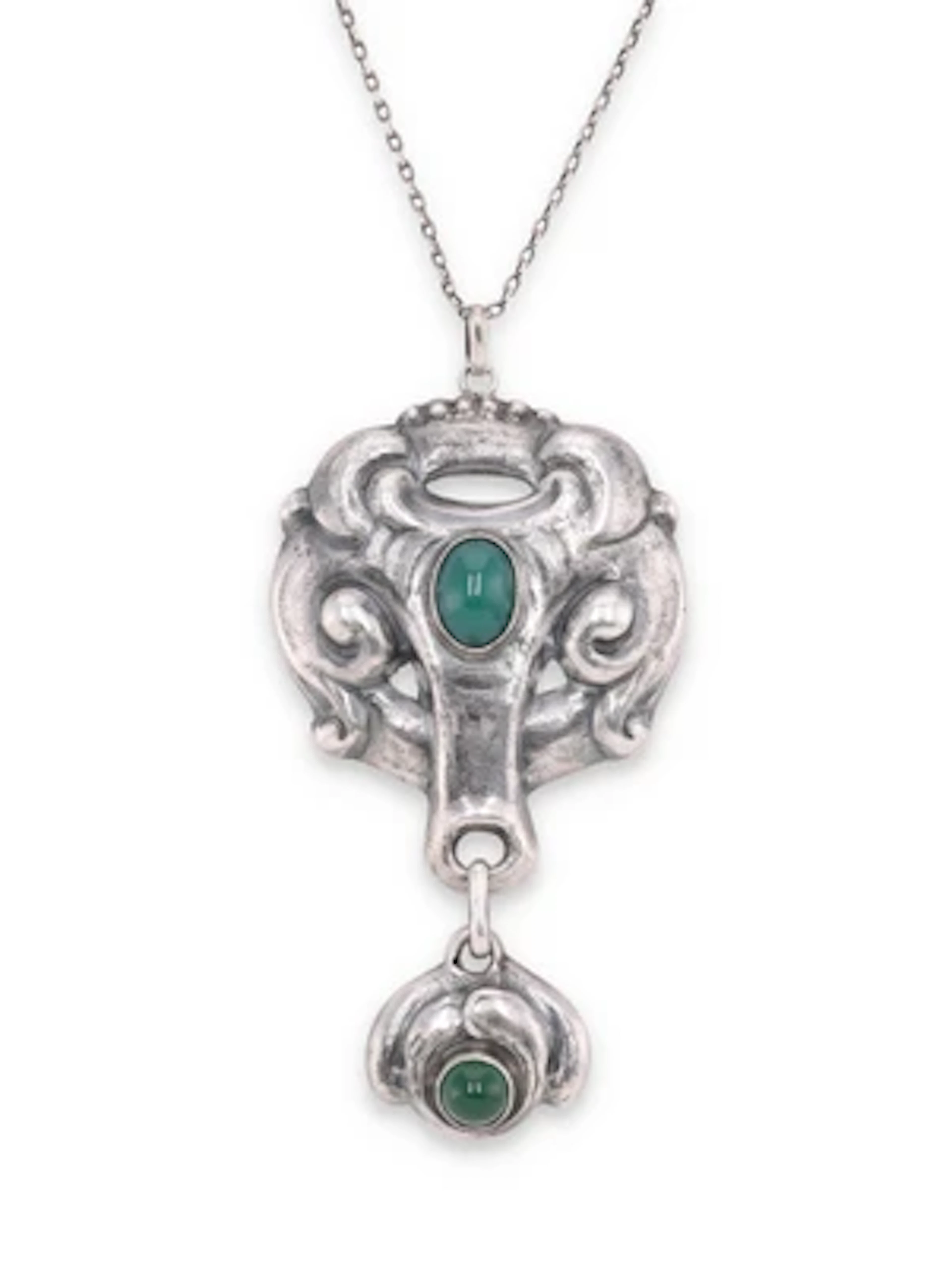 A silver necklace with chrysoprase, Carl M. Cohr, Fredericia, Denmark, c. 1910