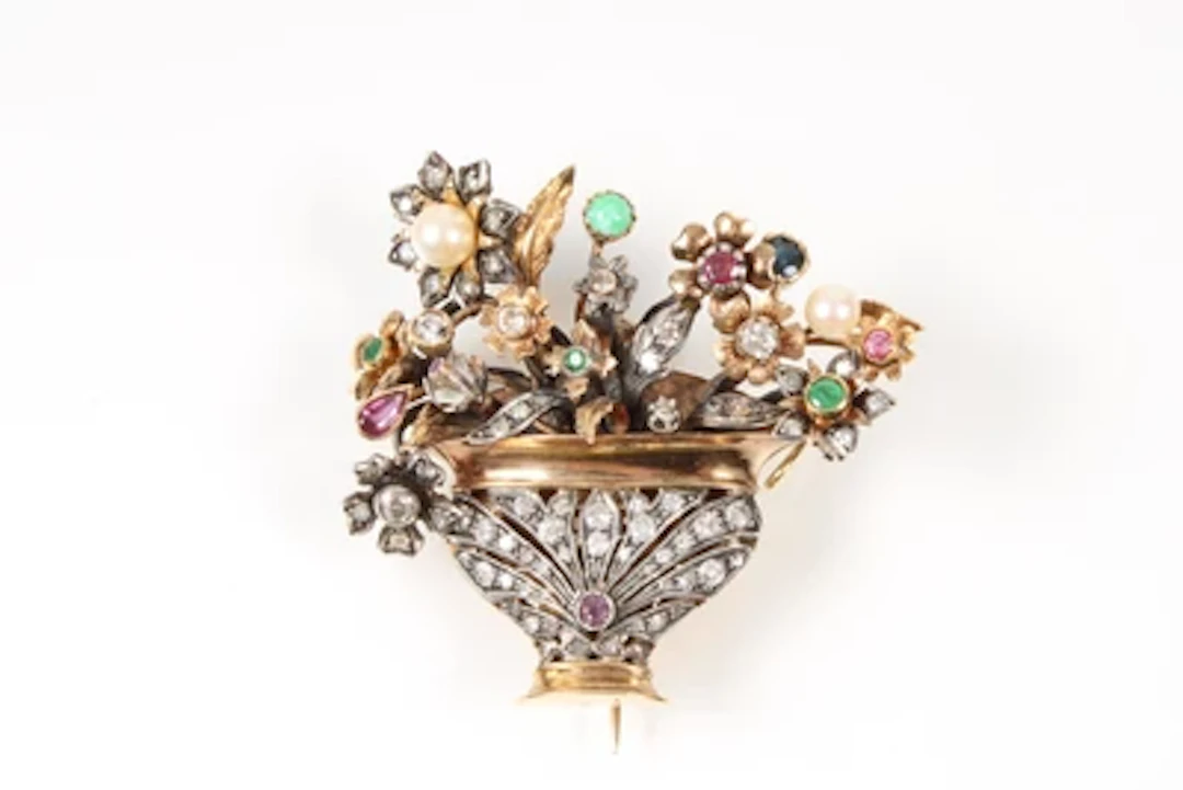 Brillant Diamant Brosche "Vase und Blumenstrauß"