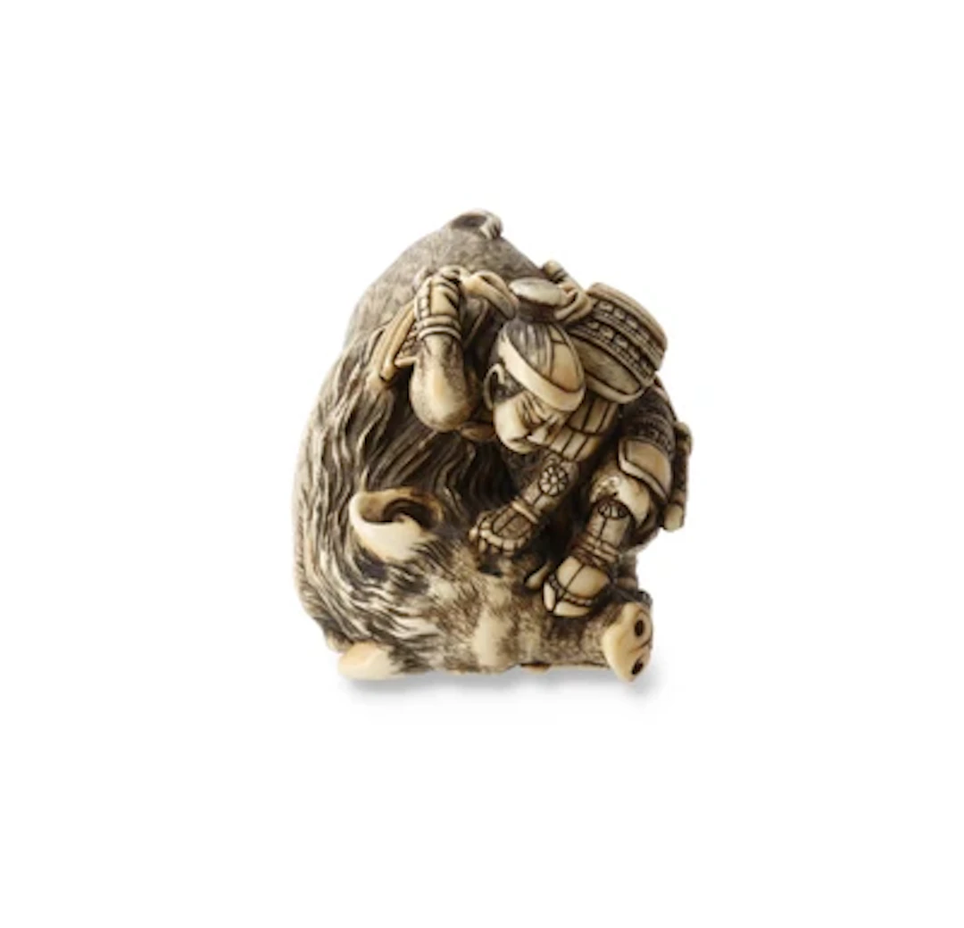 Netsuke zweier Samurais mit Eber, Japan, 19. Jh., signiert Hogyoku