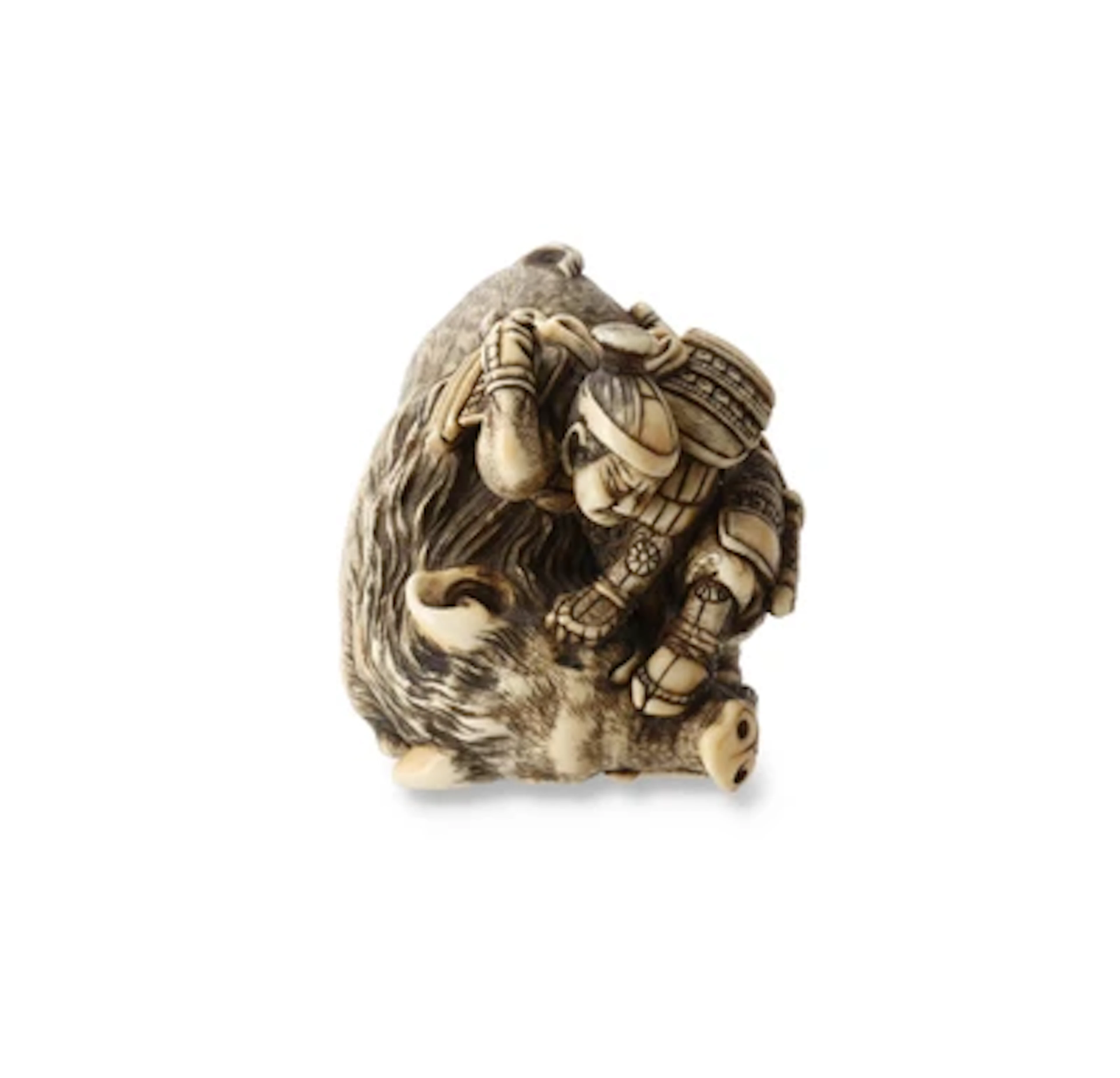 Netsuke zweier Samurais mit Eber, Japan, 19. Jh., signiert Hogyoku